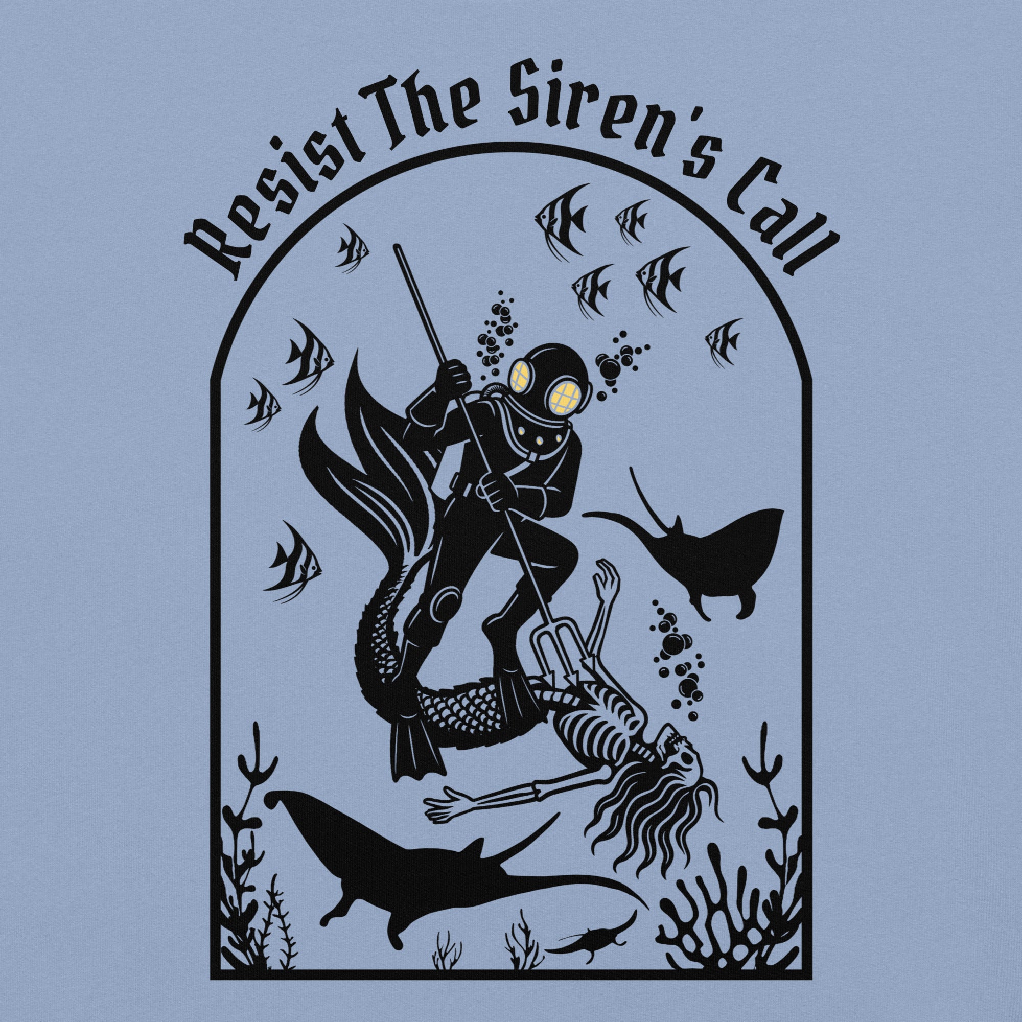 Model wearing "Resist The Siren's Call" black print garment-dyed heavyweight t-shirt in washed denim blue, back second angle view featuring black arched graphic of a deep-sea diver spearing a mermaid skeleton surrounded by fish and manta rays – 17th & Surf