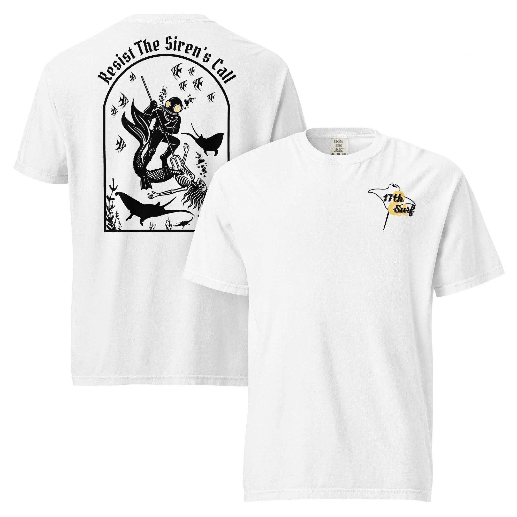 "Resist The Siren's Call" black print garment-dyed heavyweight t-shirt in white, front and back flat lay featuring black arched graphic of a deep-sea diver spearing a mermaid skeleton surrounded by fish and manta rays on back and black and yellow "17th & Surf" manta ray logo on front – 17th & Surf