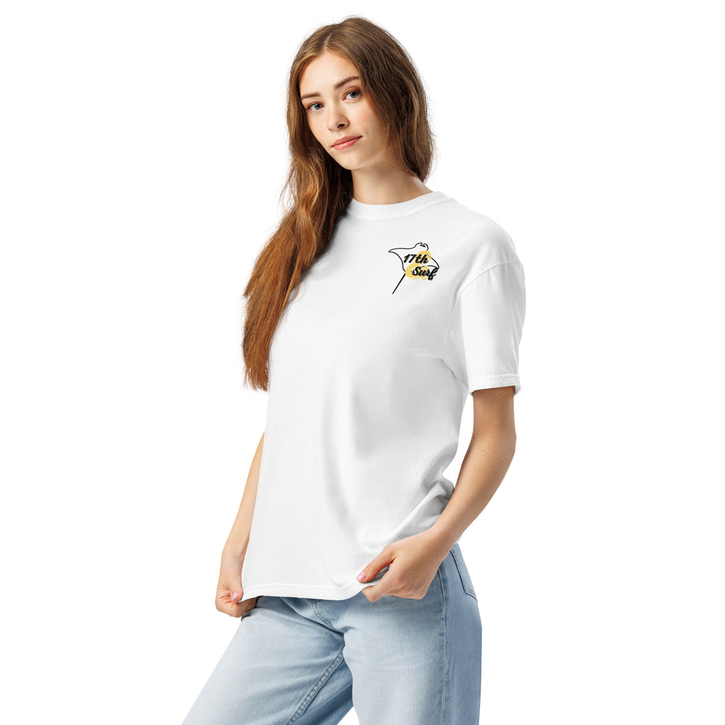 Model wearing "Resist The Siren's Call" black print garment-dyed heavyweight t-shirt in white with black and yellow "17th & Surf" manta ray chest logo – 17th & Surf