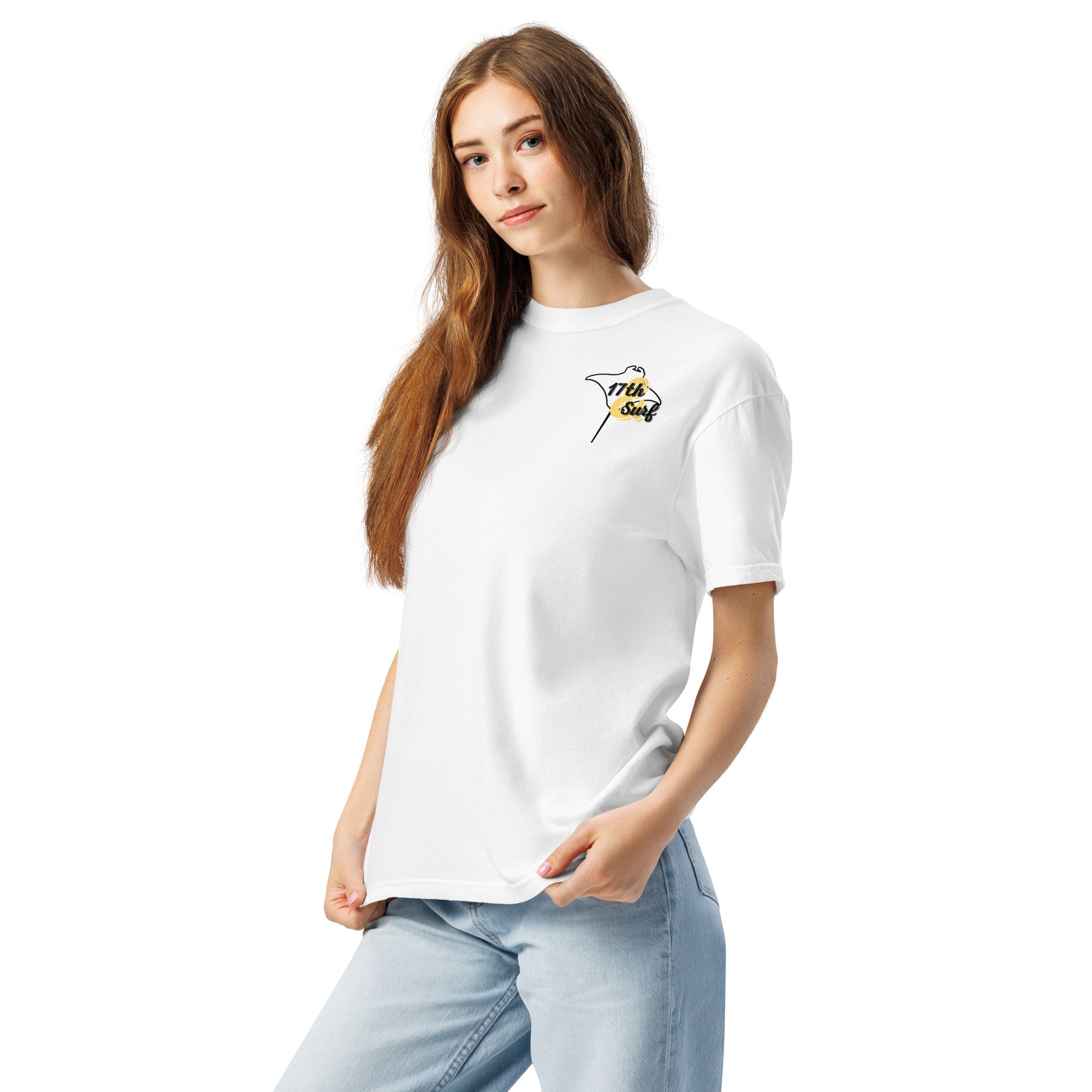 Model wearing "Resist The Siren's Call" black print garment-dyed heavyweight t-shirt in white with black and yellow "17th & Surf" manta ray chest logo – 17th & Surf