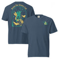 "Resist The Siren's Call" color print garment-dyed heavyweight t-shirt in midnight, front and back flat lay featuring teal and yellow arched graphic of a deep-sea diver spearing a mermaid skeleton surrounded by fish and manta rays on back and teal and yellow "17th & Surf" manta ray logo on front – 17th & Surf