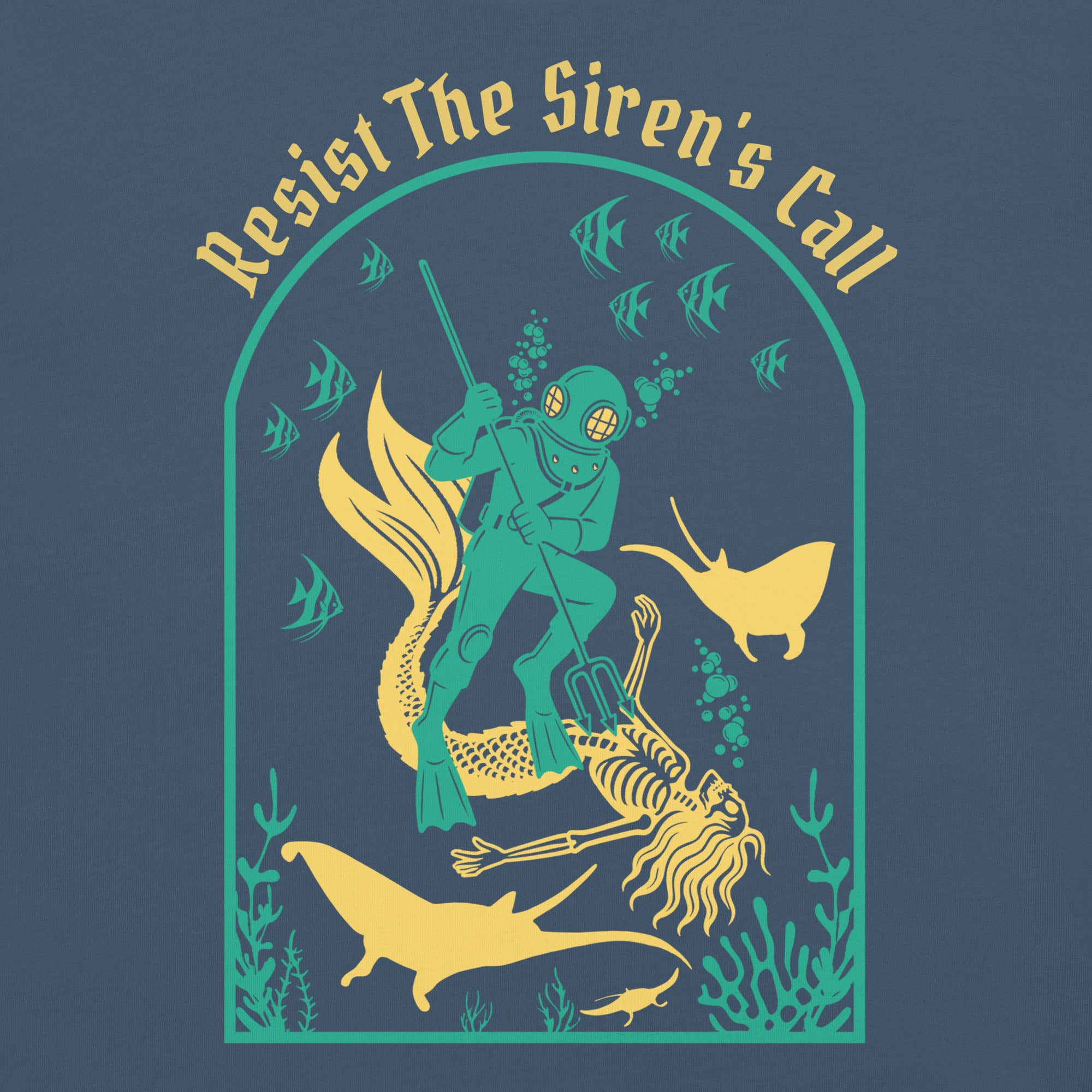 Model wearing "Resist The Siren's Call" color print garment-dyed heavyweight t-shirt in midnight, back angle view featuring teal and yellow arched graphic of a deep-sea diver spearing a mermaid skeleton surrounded by fish and manta rays – 17th & Surf