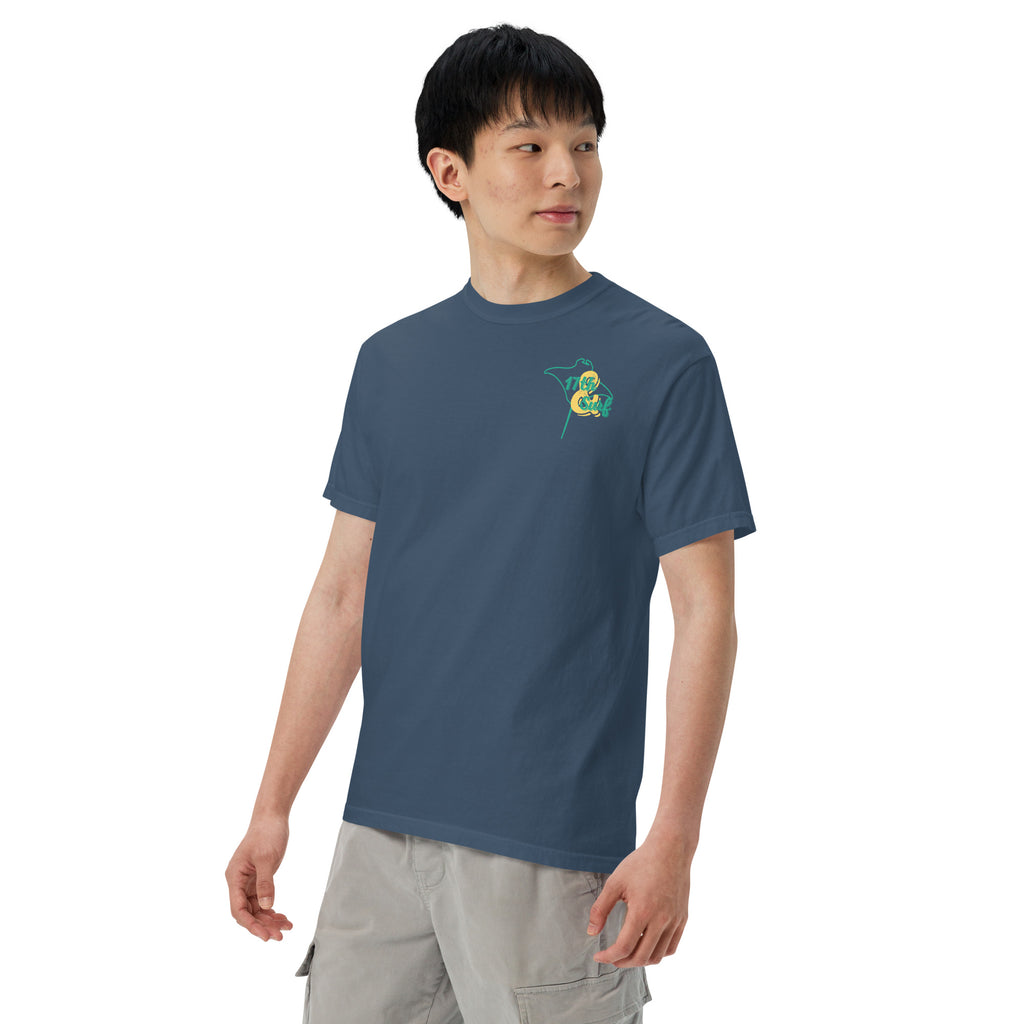 Model wearing "Resist The Siren's Call" color print garment-dyed heavyweight t-shirt in midnight with teal and yellow "17th & Surf" manta ray chest logo, front angle second view – 17th & Surf