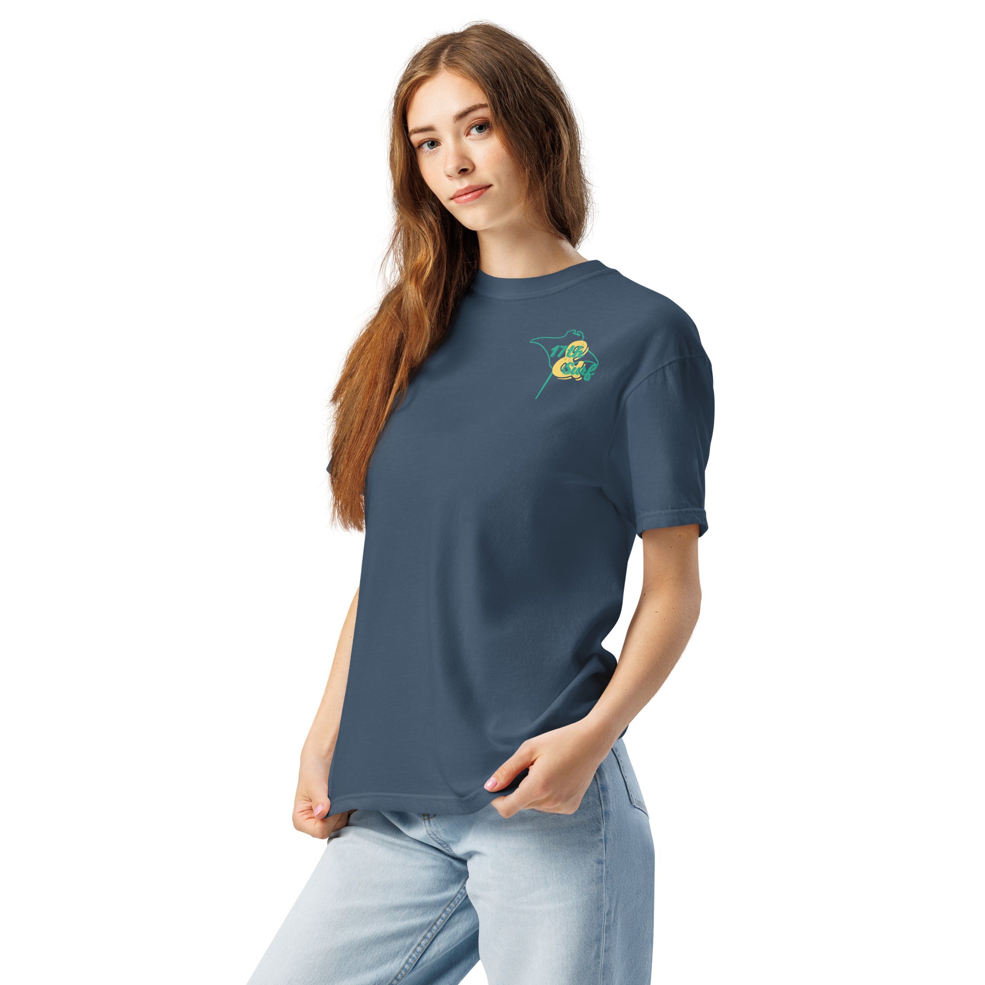Model wearing "Resist The Siren's Call" color print garment-dyed heavyweight t-shirt in midnight with teal and yellow "17th & Surf" manta ray chest logo, front angle view – 17th & Surf