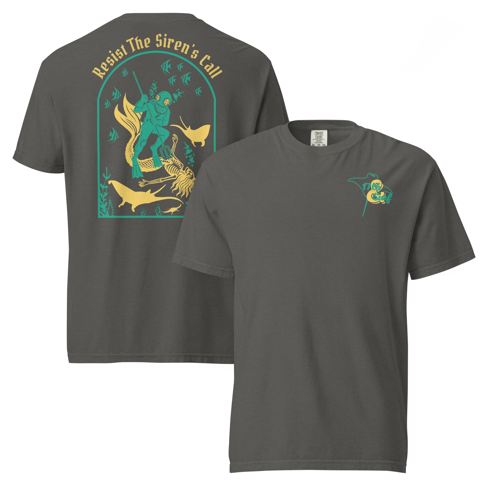 "Resist The Siren's Call" color print garment-dyed heavyweight t-shirt in pepper gray, front and back flat lay featuring teal and yellow arched graphic of a deep-sea diver spearing a mermaid skeleton surrounded by fish and manta rays on back and teal and yellow "17th & Surf" manta ray logo on front – 17th & Surf