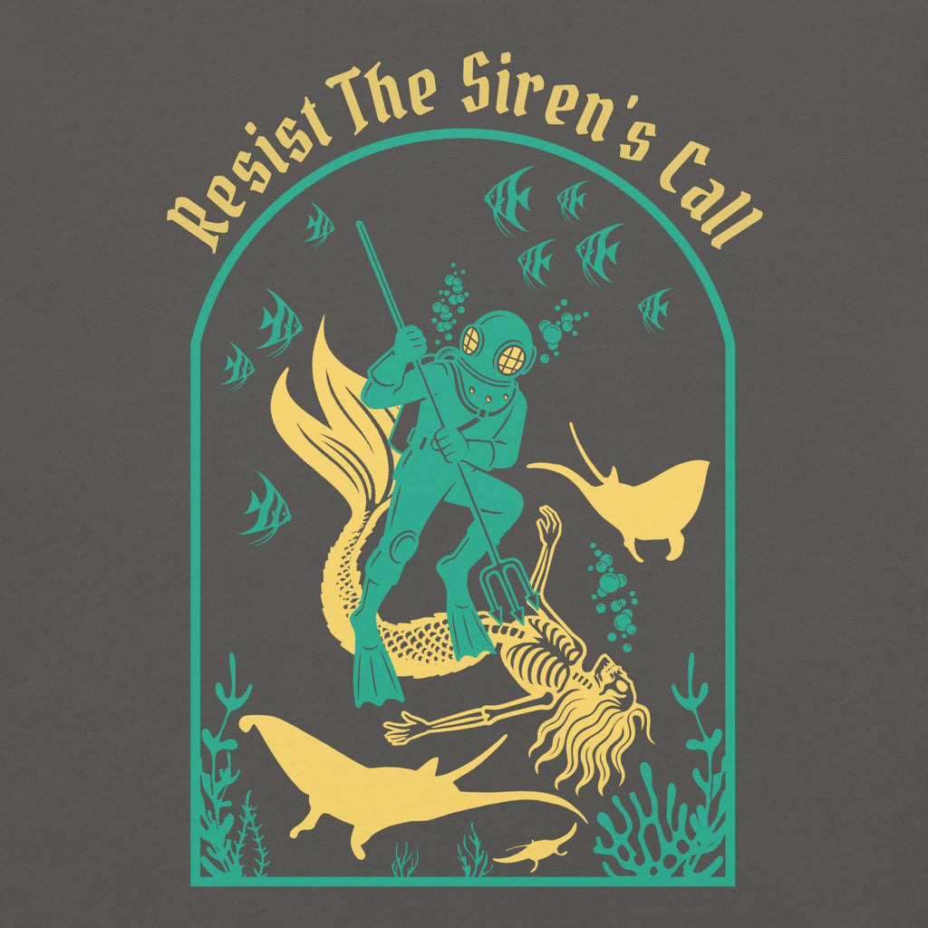 Model wearing "Resist The Siren's Call" color print garment-dyed heavyweight t-shirt in pepper gray, back angle view featuring teal and yellow arched graphic of a deep-sea diver spearing a mermaid skeleton surrounded by fish and manta rays – 17th & Surf