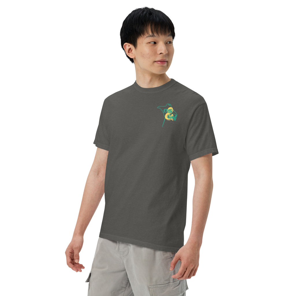 Model wearing "Resist The Siren's Call" color print garment-dyed heavyweight t-shirt in pepper gray with teal and yellow "17th & Surf" manta ray chest logo, front angle second view – 17th & Surf