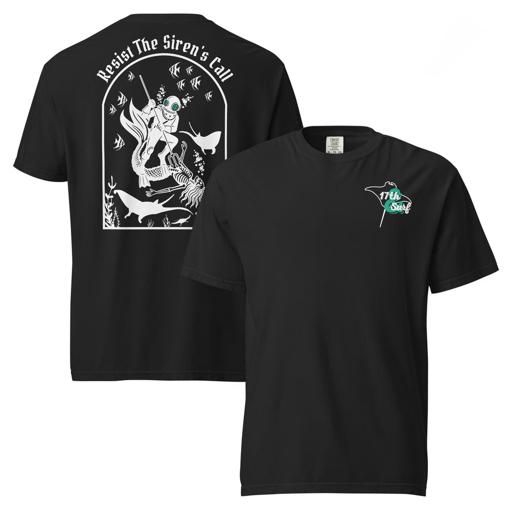 "Resist The Siren's Call" white print garment-dyed heavyweight t-shirt in black, front and back flat lay featuring white arched graphic of a deep-sea diver spearing a mermaid skeleton surrounded by fish and manta rays on back and white and teal "17th & Surf" manta ray logo on front – 17th & Surf