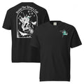 "Resist The Siren's Call" white print garment-dyed heavyweight t-shirt in black, front and back flat lay featuring white arched graphic of a deep-sea diver spearing a mermaid skeleton surrounded by fish and manta rays on back and white and teal "17th & Surf" manta ray logo on front – 17th & Surf