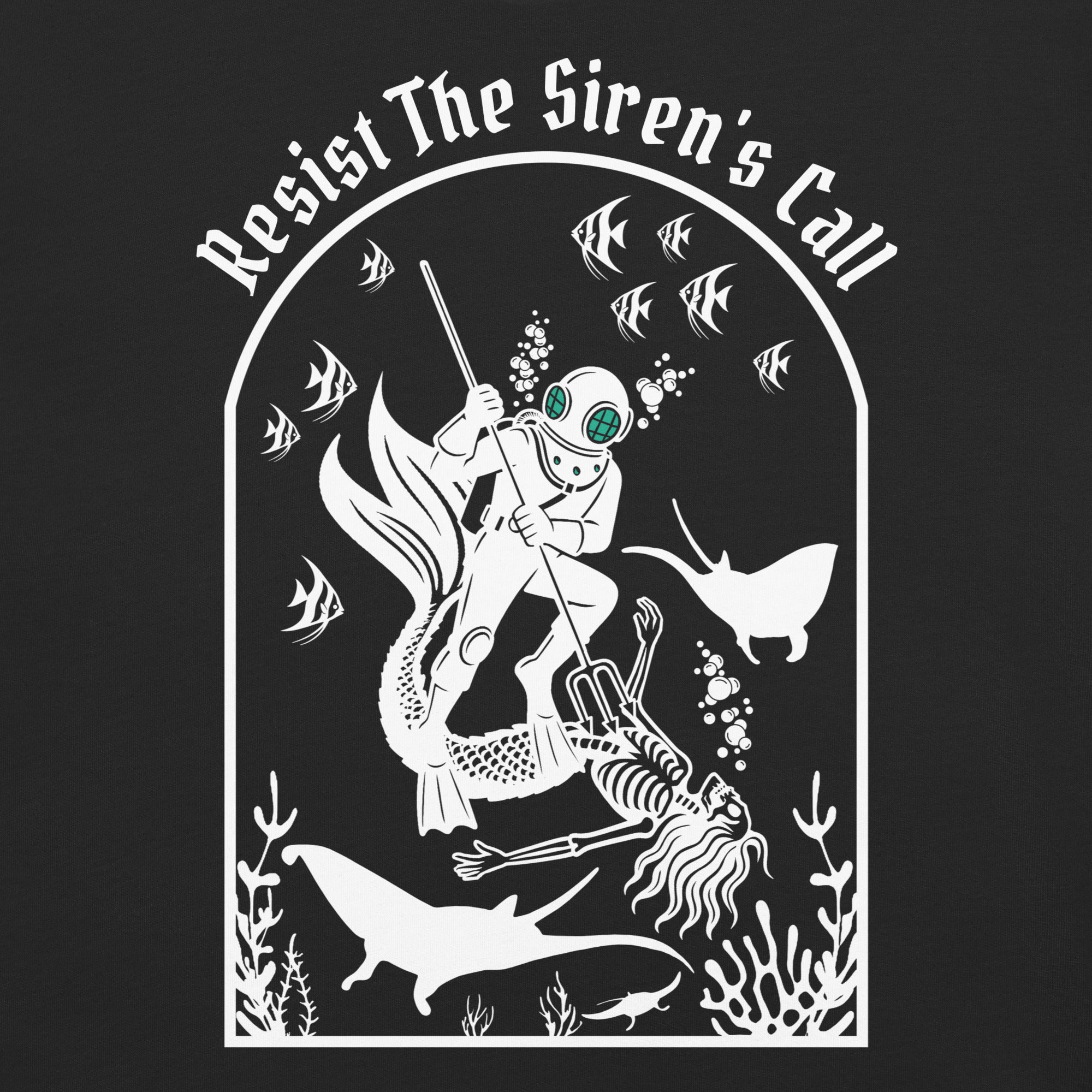 Model wearing "Resist The Siren's Call" white print garment-dyed heavyweight t-shirt in black, back second angle view featuring white arched graphic of a deep-sea diver spearing a mermaid skeleton surrounded by fish and manta rays – 17th & Surf