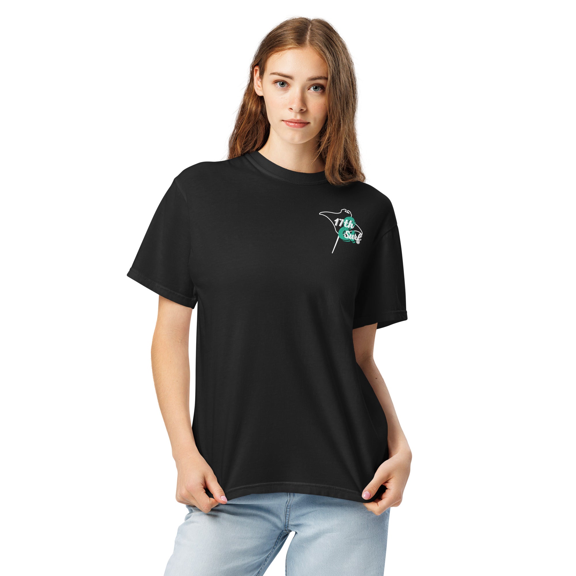 Model wearing "Resist The Siren's Call" white print garment-dyed heavyweight t-shirt in black with white and teal "17th & Surf" manta ray chest logo, front angle second view – 17th & Surf