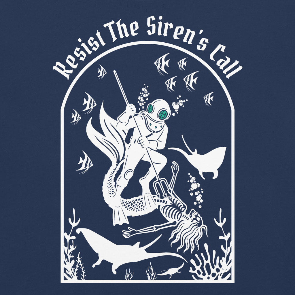 Model wearing "Resist The Siren's Call" white print garment-dyed heavyweight t-shirt in true navy, back second angle view featuring white arched graphic of a deep-sea diver spearing a mermaid skeleton surrounded by fish and manta rays – 17th & Surf