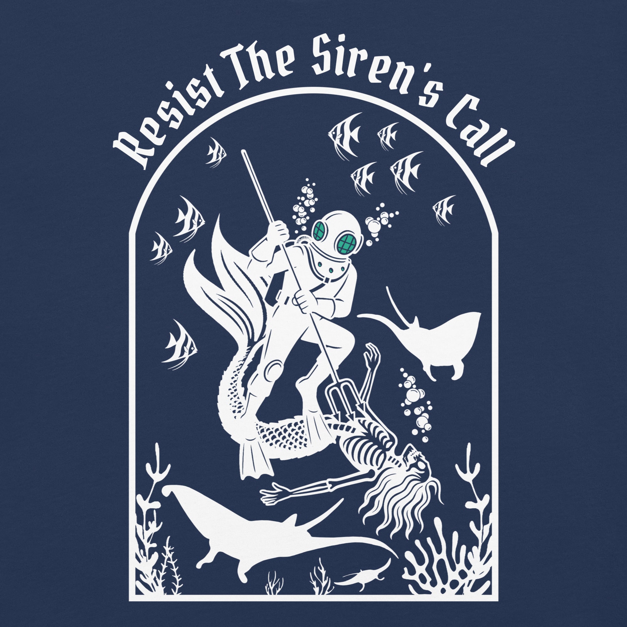 Model wearing "Resist The Siren's Call" white print garment-dyed heavyweight t-shirt in true navy, back second angle view featuring white arched graphic of a deep-sea diver spearing a mermaid skeleton surrounded by fish and manta rays – 17th & Surf