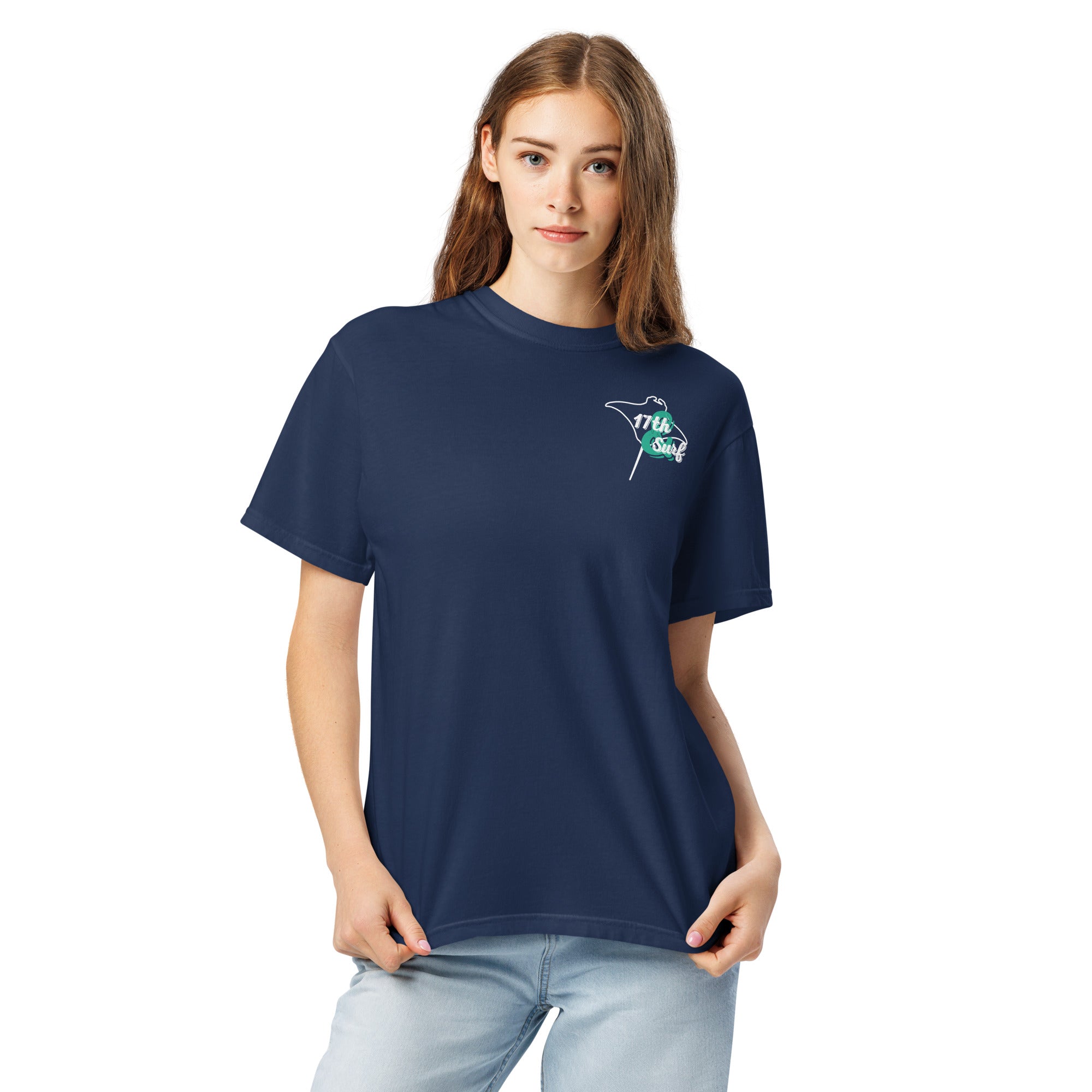 Model wearing "Resist The Siren's Call" white print garment-dyed heavyweight t-shirt in true navy with white and teal "17th & Surf" manta ray chest logo, front angle second view – 17th & Surf
