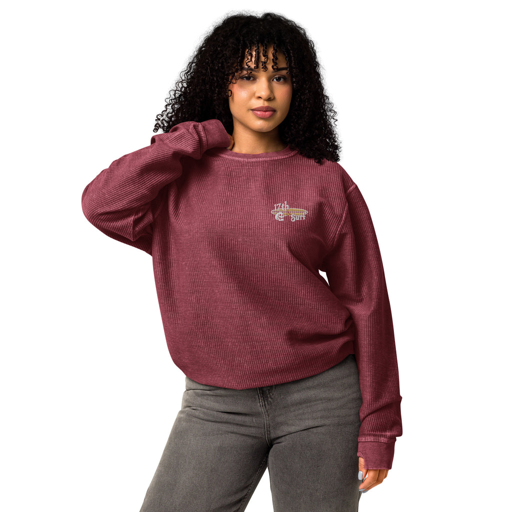 "Forever Waiting For The Next Wave" maroon comfy cord sweatshirt, third front view, embroidered with the skull and surfboard logo from the meditating skeleton surfer design – Forever Waiting For The Next Wave Collection by 17th & Surf