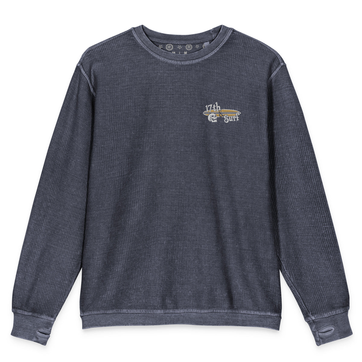 "Forever Waiting For The Next Wave" navy comfy cord sweatshirt, fourth front view, embroidered with the skull and surfboard logo from the meditating skeleton surfer design – Forever Waiting For The Next Wave Collection by 17th & Surf