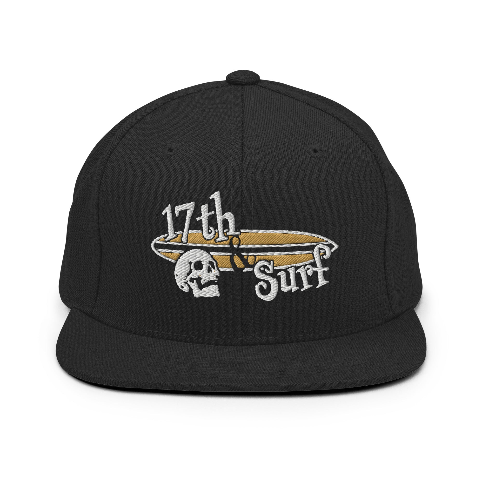 "Forever Waiting For The Next Wave" Black snapback hat, front view, embroidered with the skull and surfboard logo from the meditating skeleton surfer design – Forever Waiting For The Next Wave Collection by 17th & Surf