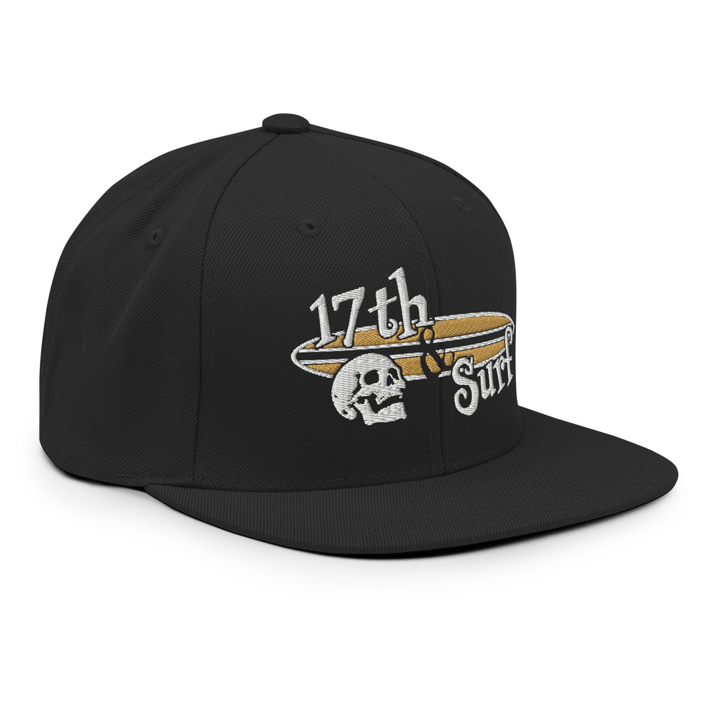 "Forever Waiting For The Next Wave" Black snapback hat, right-front angled view, embroidered with the skull and surfboard logo from the meditating skeleton surfer design – Forever Waiting For The Next Wave Collection by 17th & Surf