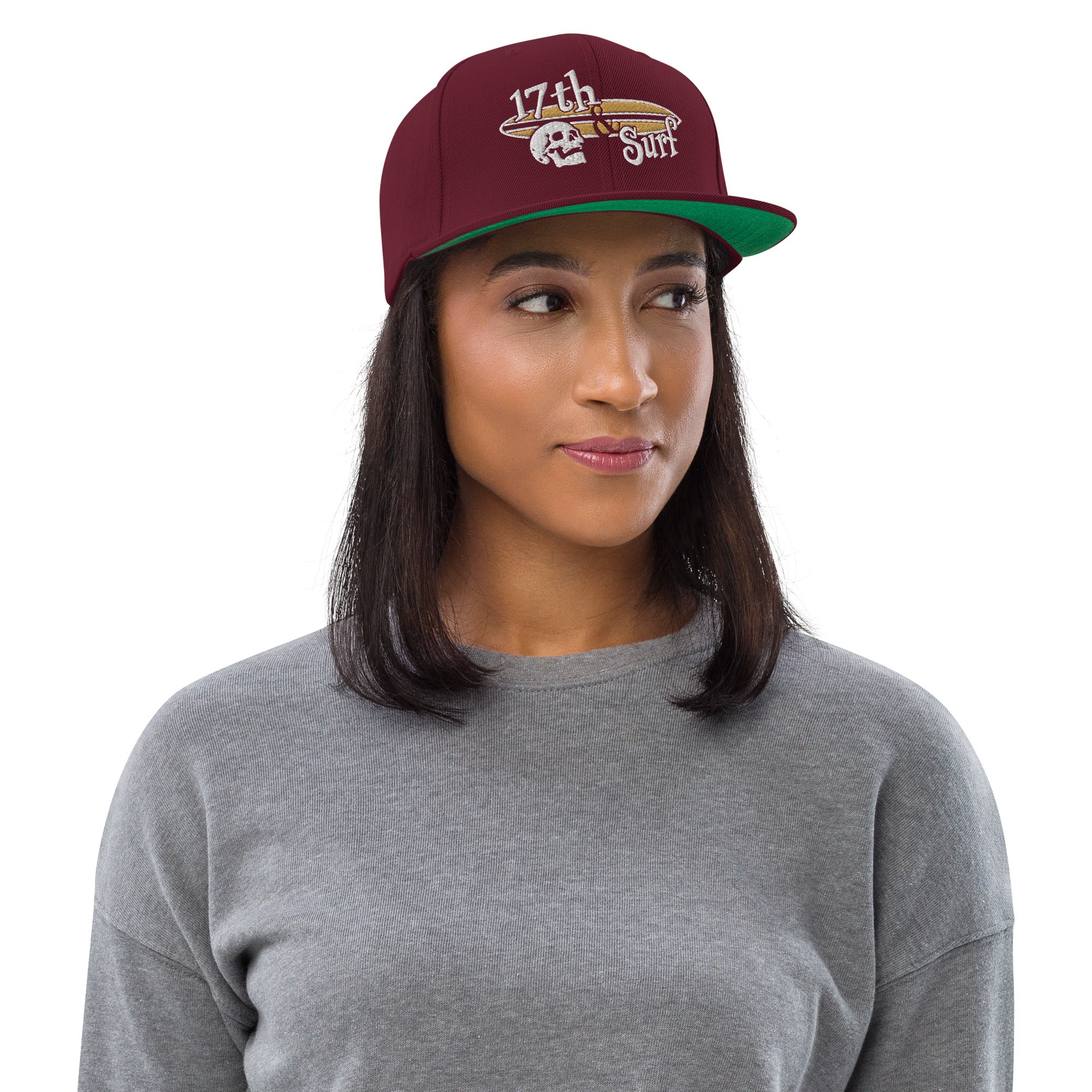 "Forever Waiting For The Next Wave" Maroon snapback hat, second front view, embroidered with the skull and surfboard logo from the meditating skeleton surfer design – Forever Waiting For The Next Wave Collection by 17th & Surf