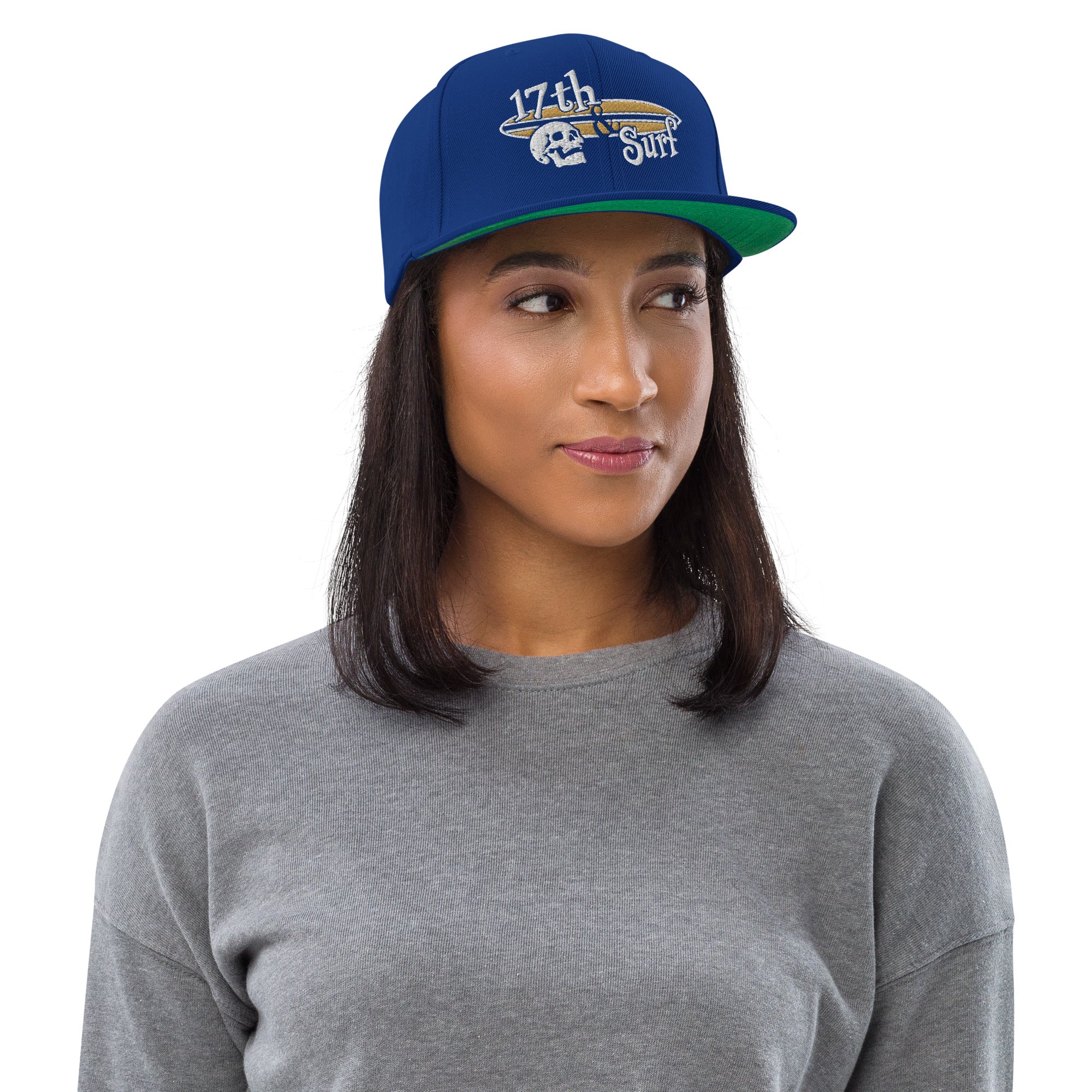 "Forever Waiting For The Next Wave" Royal Blue snapback hat, second front view, embroidered with the skull and surfboard logo from the meditating skeleton surfer design – Forever Waiting For The Next Wave Collection by 17th & Surf