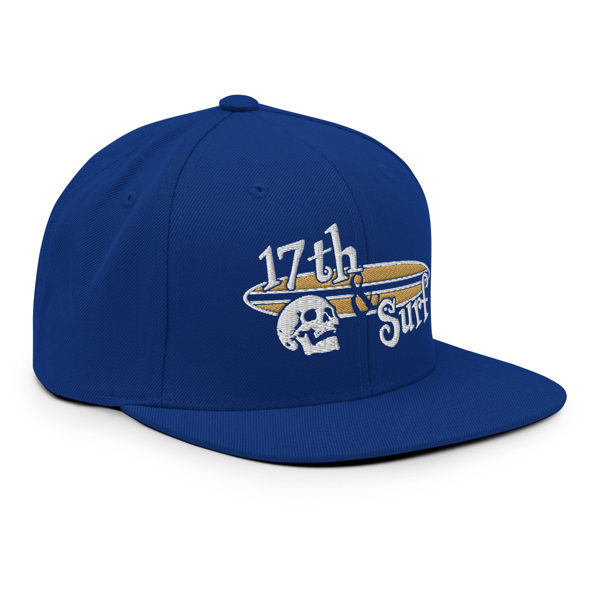 "Forever Waiting For The Next Wave" Royal Blue snapback hat, right-front angled view, embroidered with the skull and surfboard logo from the meditating skeleton surfer design – Forever Waiting For The Next Wave Collection by 17th & Surf