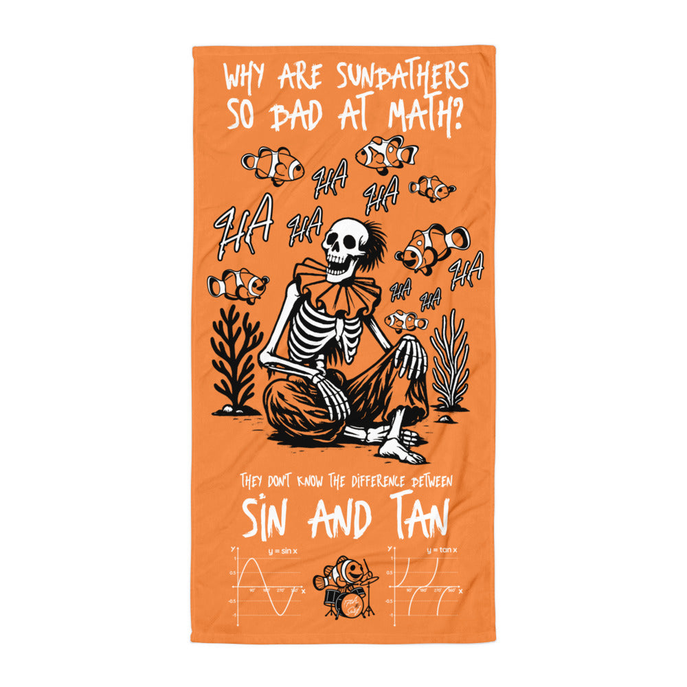 "I Started A Joke" beach towel flat lay featuring skeleton clown surrounded by clownfish with "HA HA" text, "Why Are Sunbathers So Bad At Math?" and "Sin and Tan" joke graphic on orange background – 17th & Surf