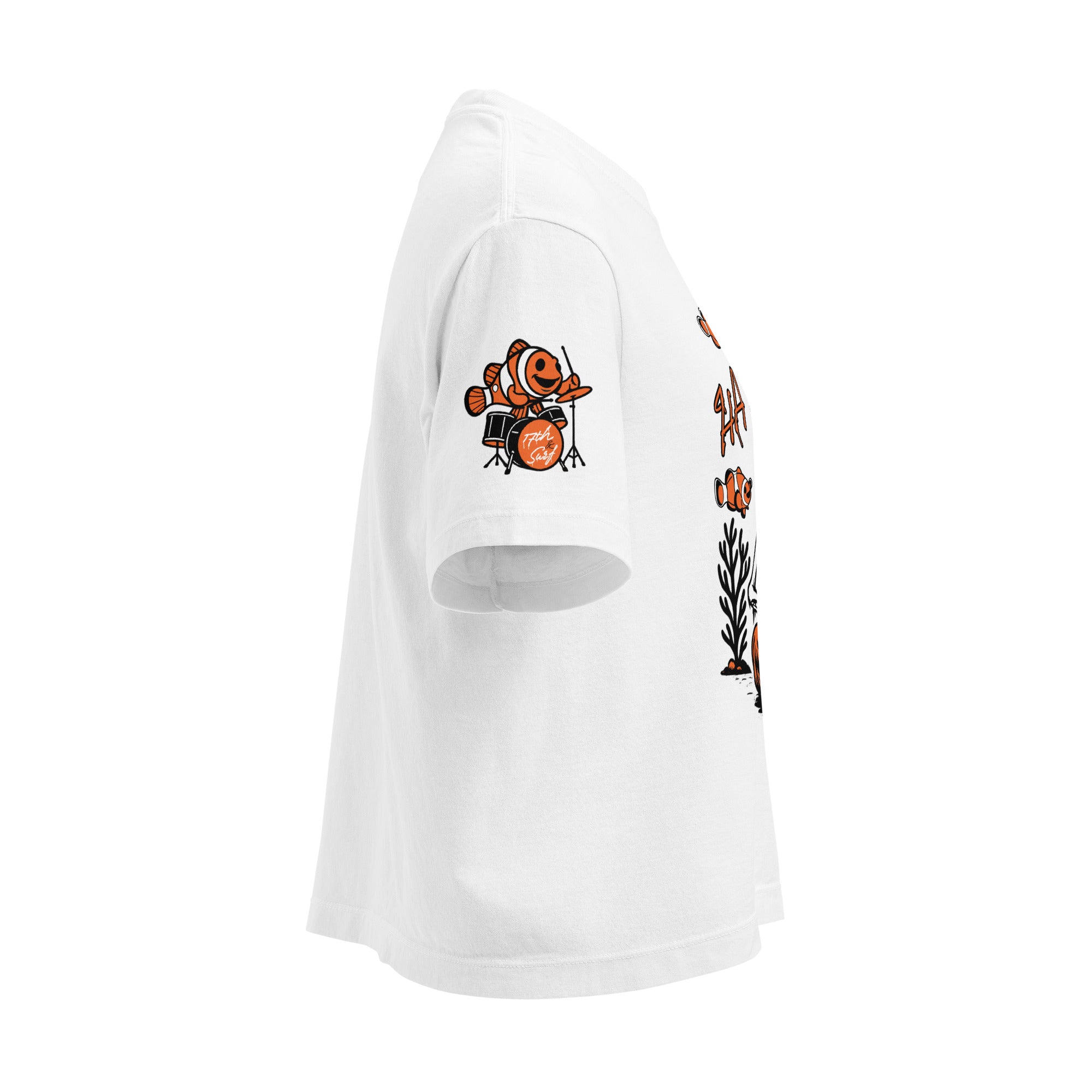 "I Started A Joke" women's heavyweight boxy tee right angle in white showing skeleton clown surrounded by clownfish with "HA HA" text graphic – 17th & Surf
