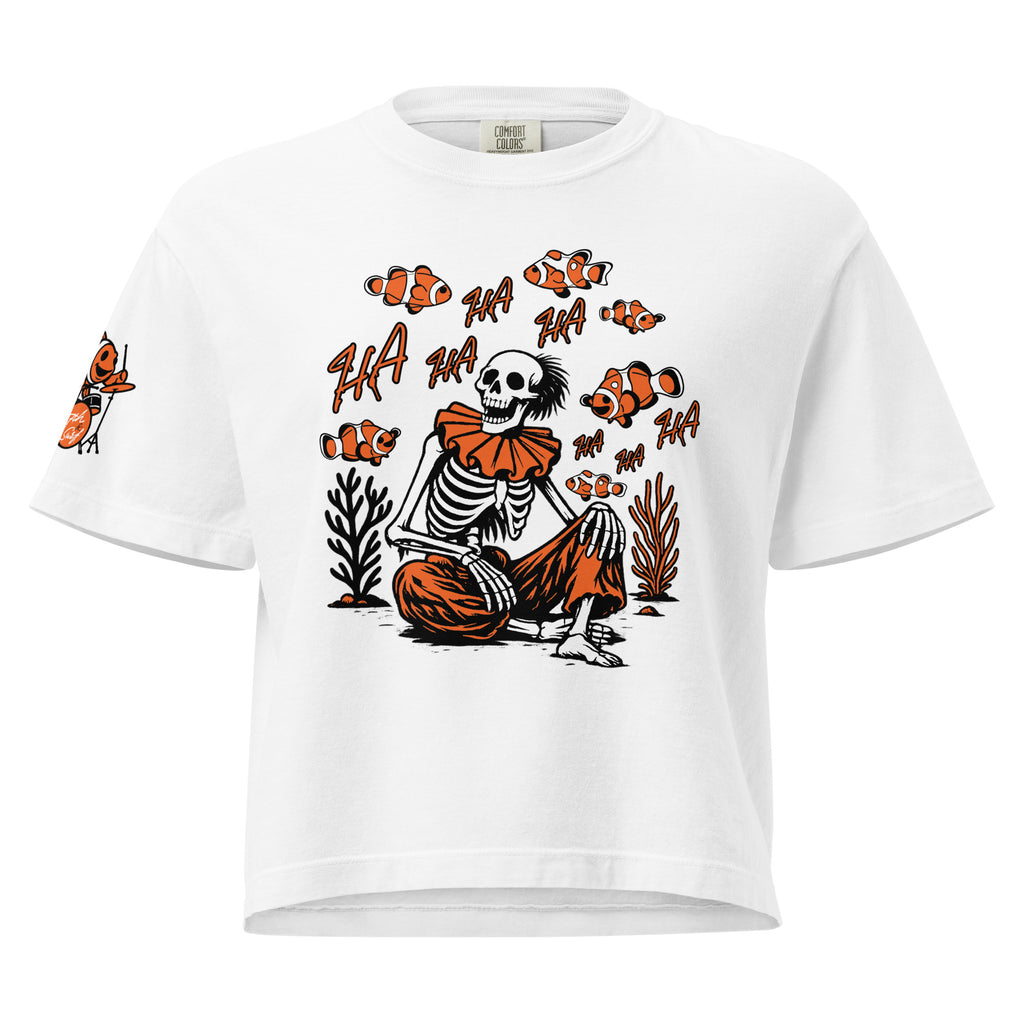 "I Started A Joke" women's heavyweight boxy tee front view in white featuring skeleton clown surrounded by laughing clownfish with "HA HA" text graphic and small clownfish-playing-drums sleeve logo – 17th & Surf