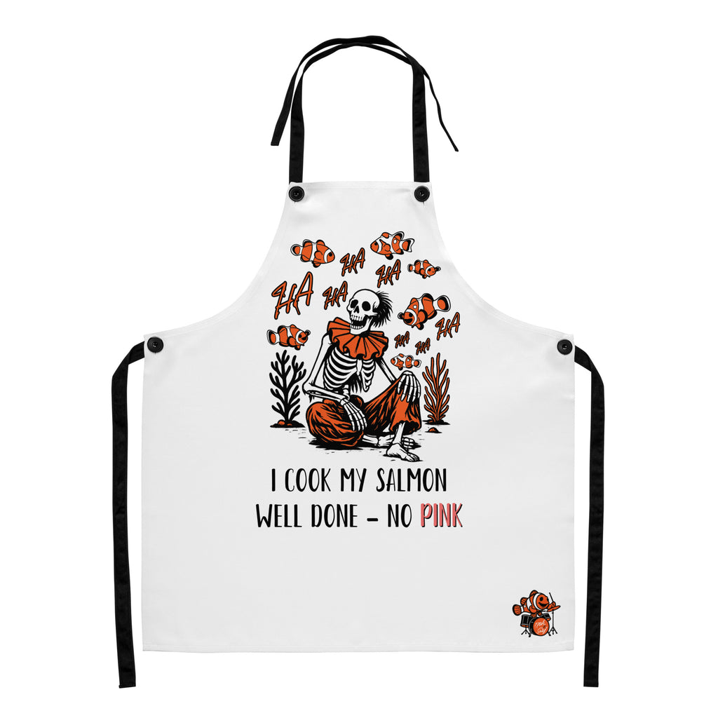 "I Started A Joke" chef apron close-up view showing skeleton clown and clownfish "HA HA" graphic with small clownfish-playing-drums logo – 17th & Surf