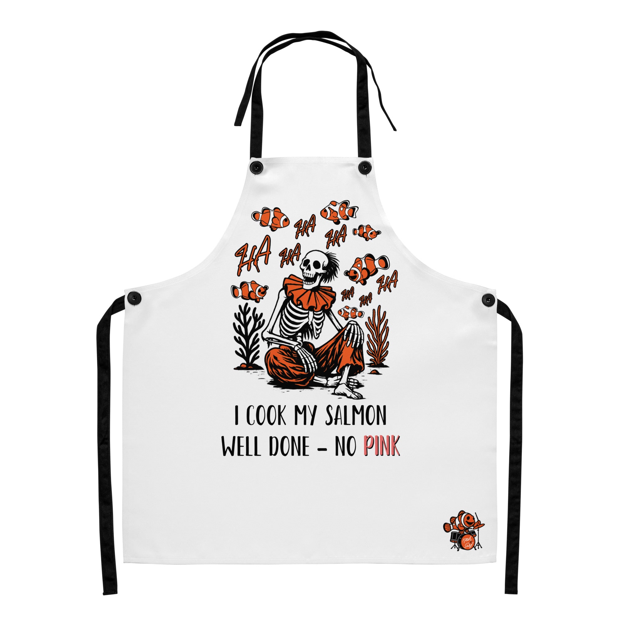 "I Started A Joke" chef apron close-up view showing skeleton clown and clownfish "HA HA" graphic with small clownfish-playing-drums logo – 17th & Surf