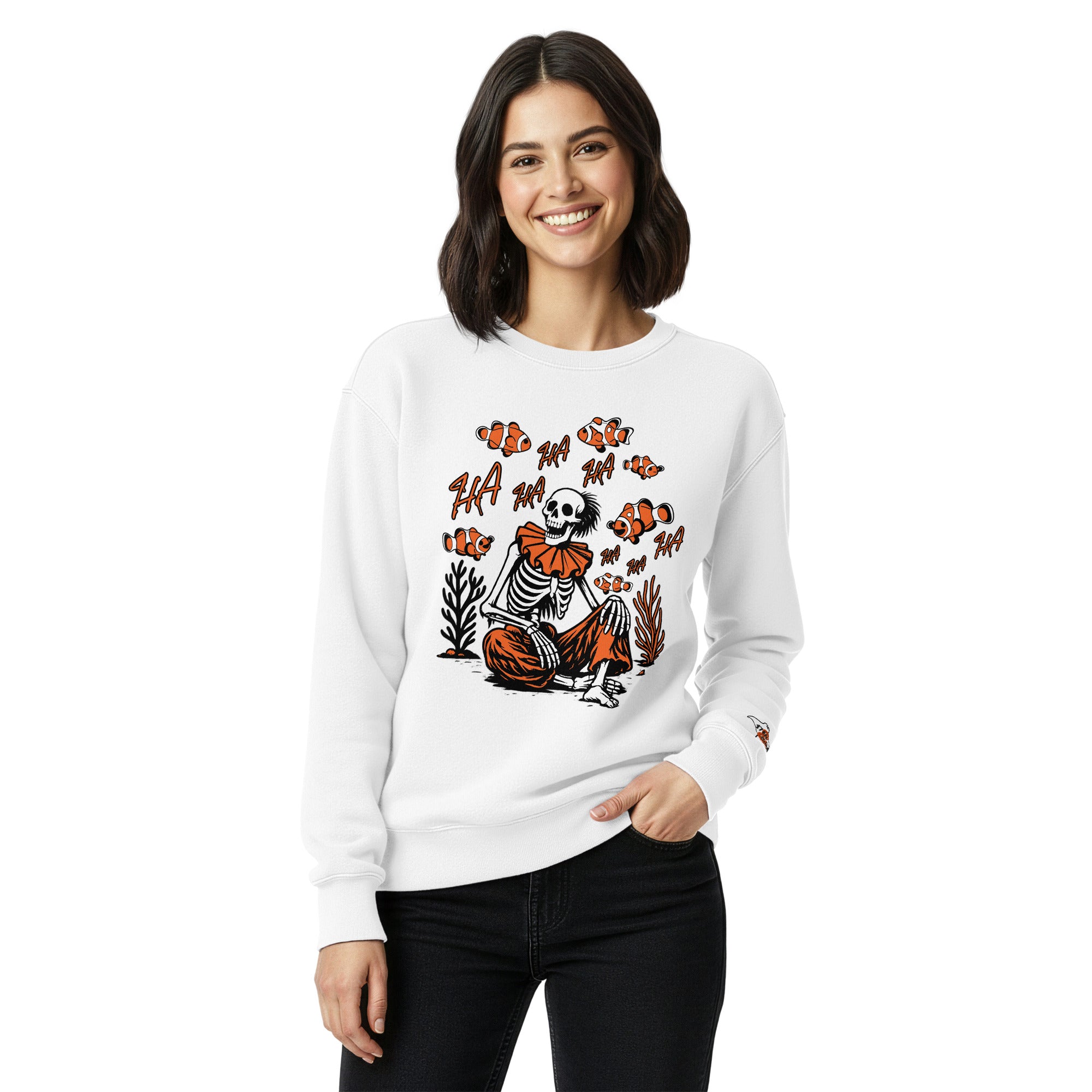 "I Started A Joke" heavyweight crewneck sweatshirt front angle view in white showing skeleton clown surrounded by clownfish with "HA HA" text graphic – 17th & Surf