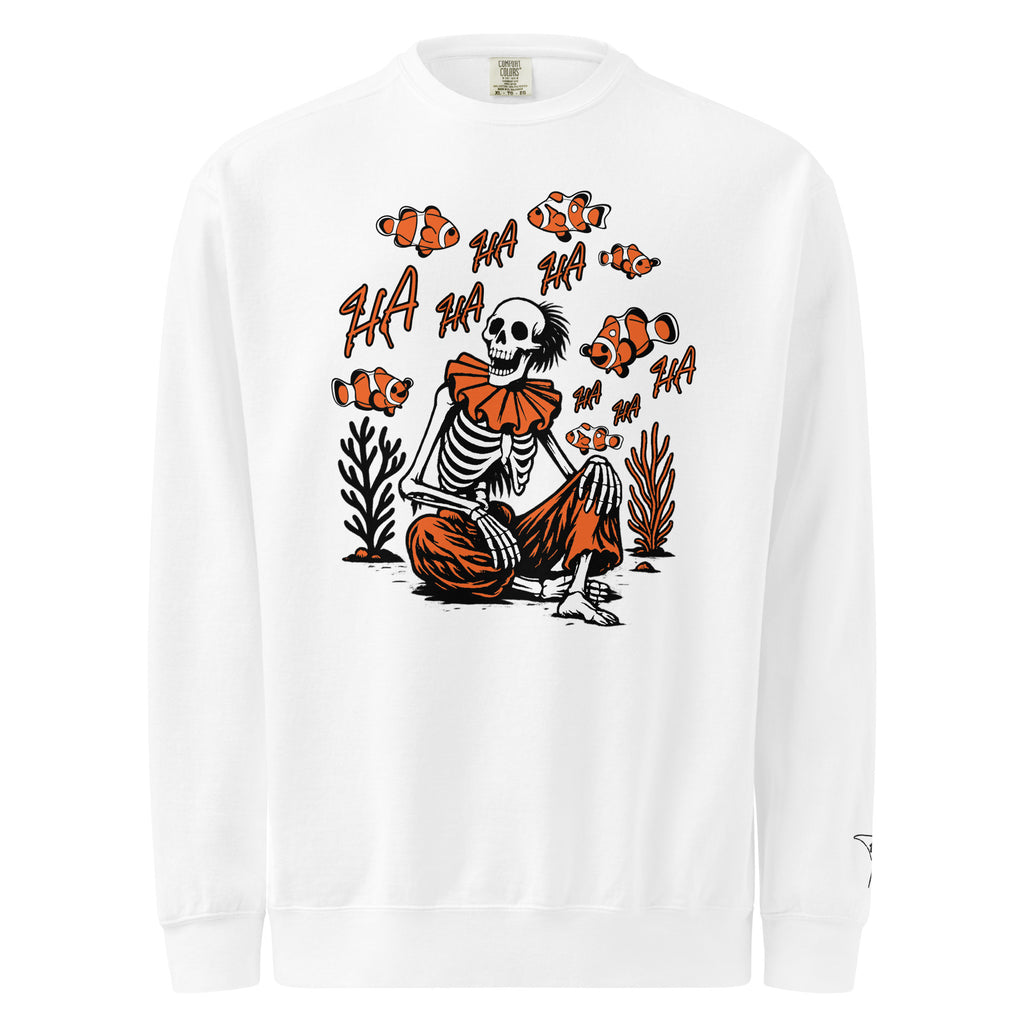 "I Started A Joke" heavyweight crewneck sweatshirt front view in white featuring skeleton clown surrounded by laughing clownfish with "HA HA" text graphic and small clownfish-playing-drums sleeve logo – 17th & Surf