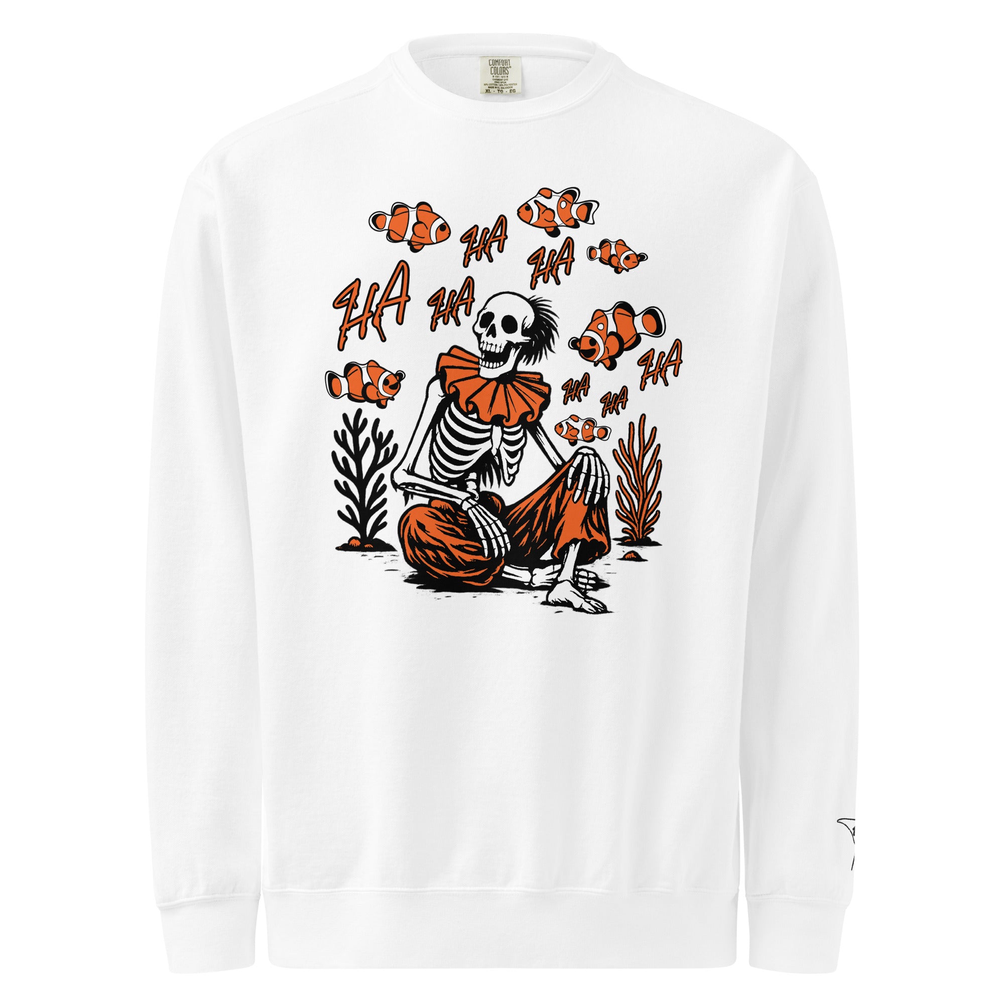 "I Started A Joke" heavyweight crewneck sweatshirt front view in white featuring skeleton clown surrounded by laughing clownfish with "HA HA" text graphic and small clownfish-playing-drums sleeve logo – 17th & Surf
