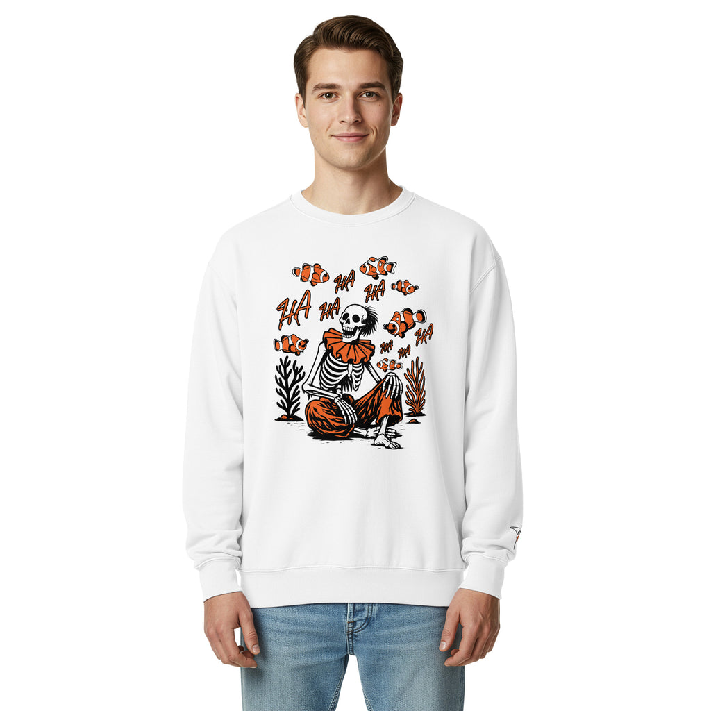 "I Started A Joke" heavyweight crewneck sweatshirt front view in white on model featuring skeleton clown surrounded by clownfish with "HA HA" text graphic – 17th & Surf