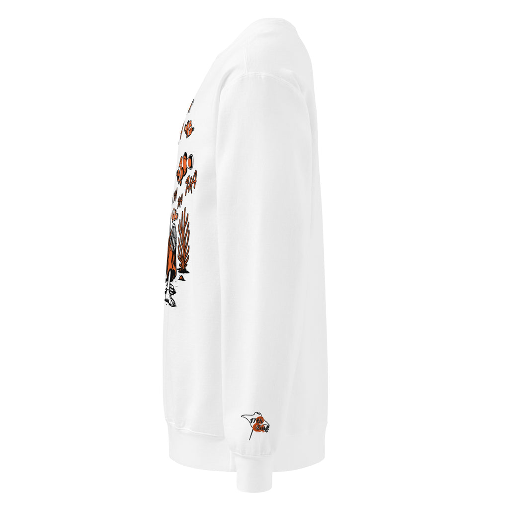 "I Started A Joke" heavyweight crewneck sweatshirt sleeve detail in white showing small clownfish-playing-drums logo – 17th & Surf