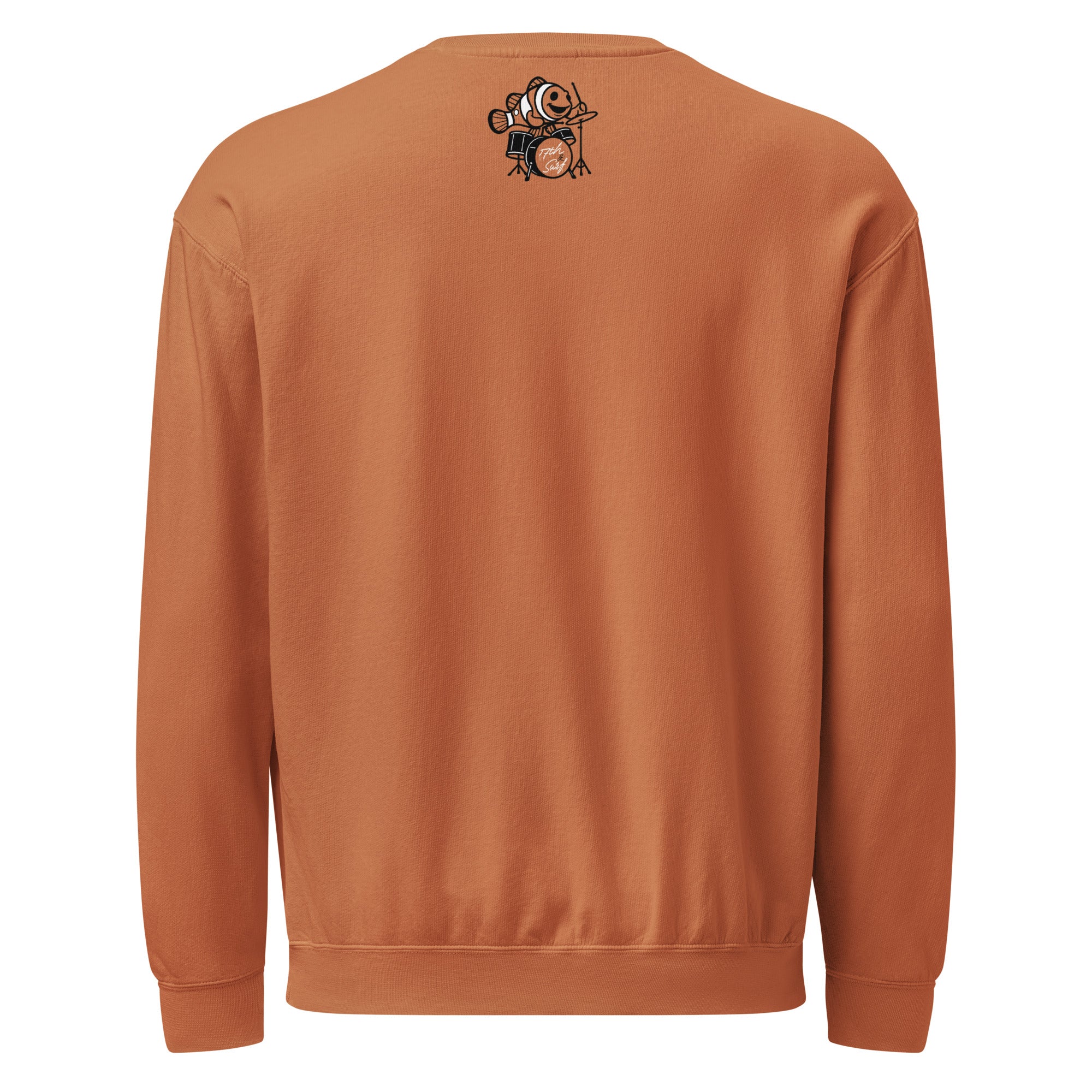 "I Started A Joke" lightweight crewneck sweatshirt back view in burnt orange showing small clownfish-playing-drums logo – 17th & Surf