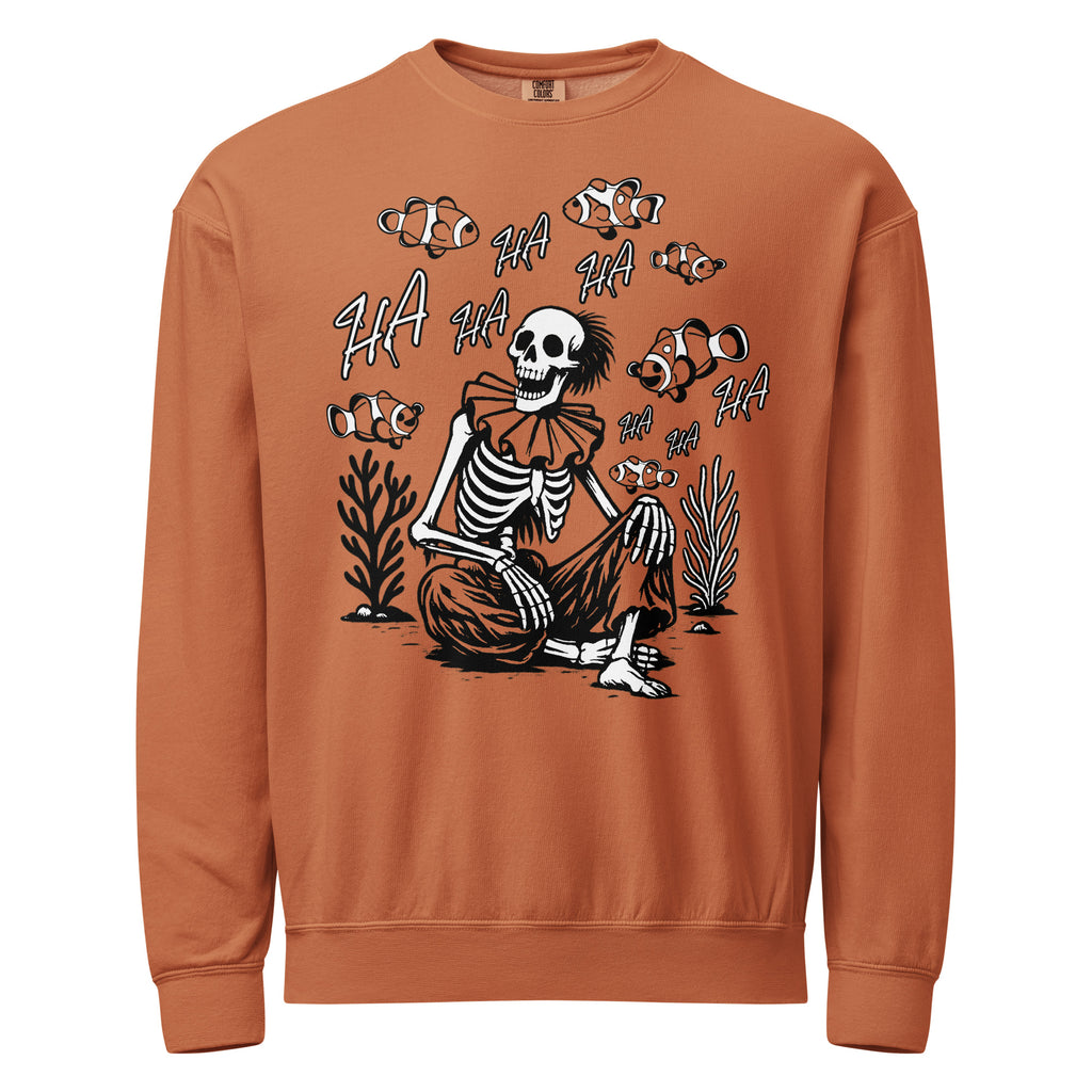 "I Started A Joke" lightweight crewneck sweatshirt front view in burnt orange featuring skeleton clown surrounded by laughing clownfish with "HA HA" text graphic – 17th & Surf