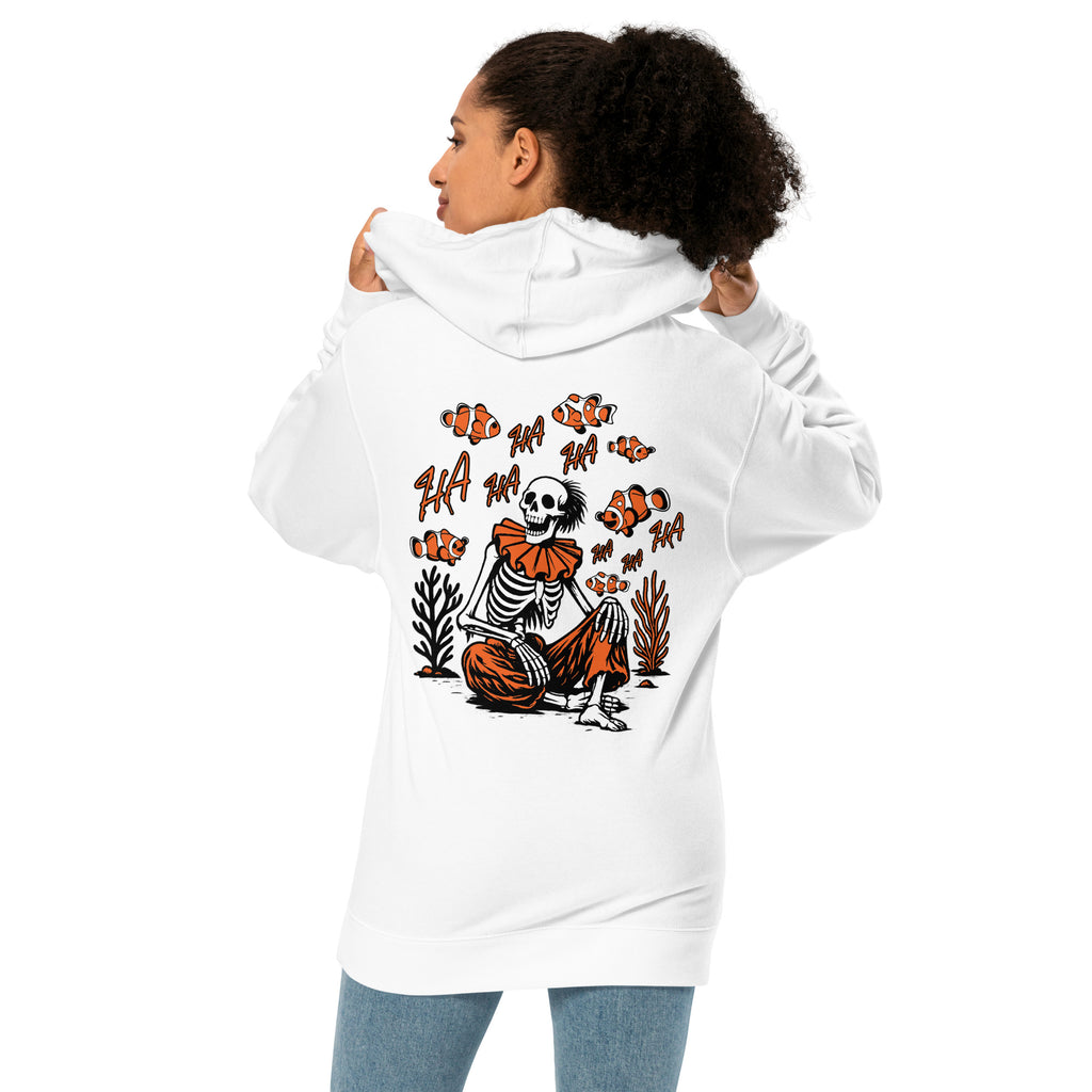 "I Started A Joke" garment-dyed heavyweight hoodie back angle in white showing skeleton clown surrounded by clownfish with "HA HA" text graphic – 17th & Surf