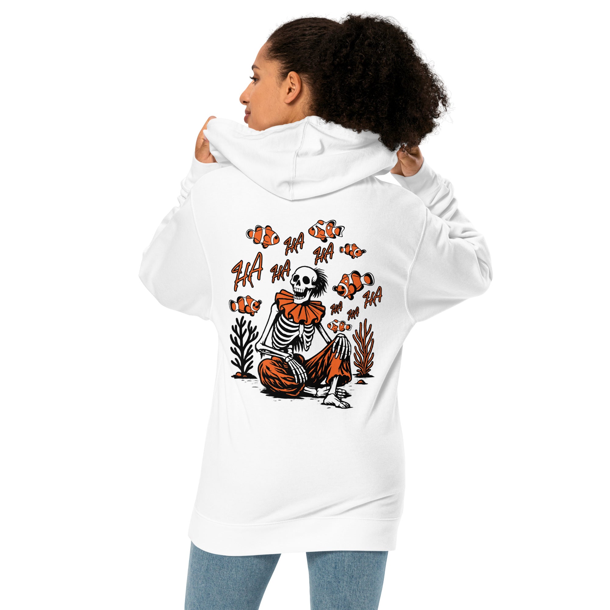 "I Started A Joke" garment-dyed heavyweight hoodie back angle in white showing skeleton clown surrounded by clownfish with "HA HA" text graphic – 17th & Surf