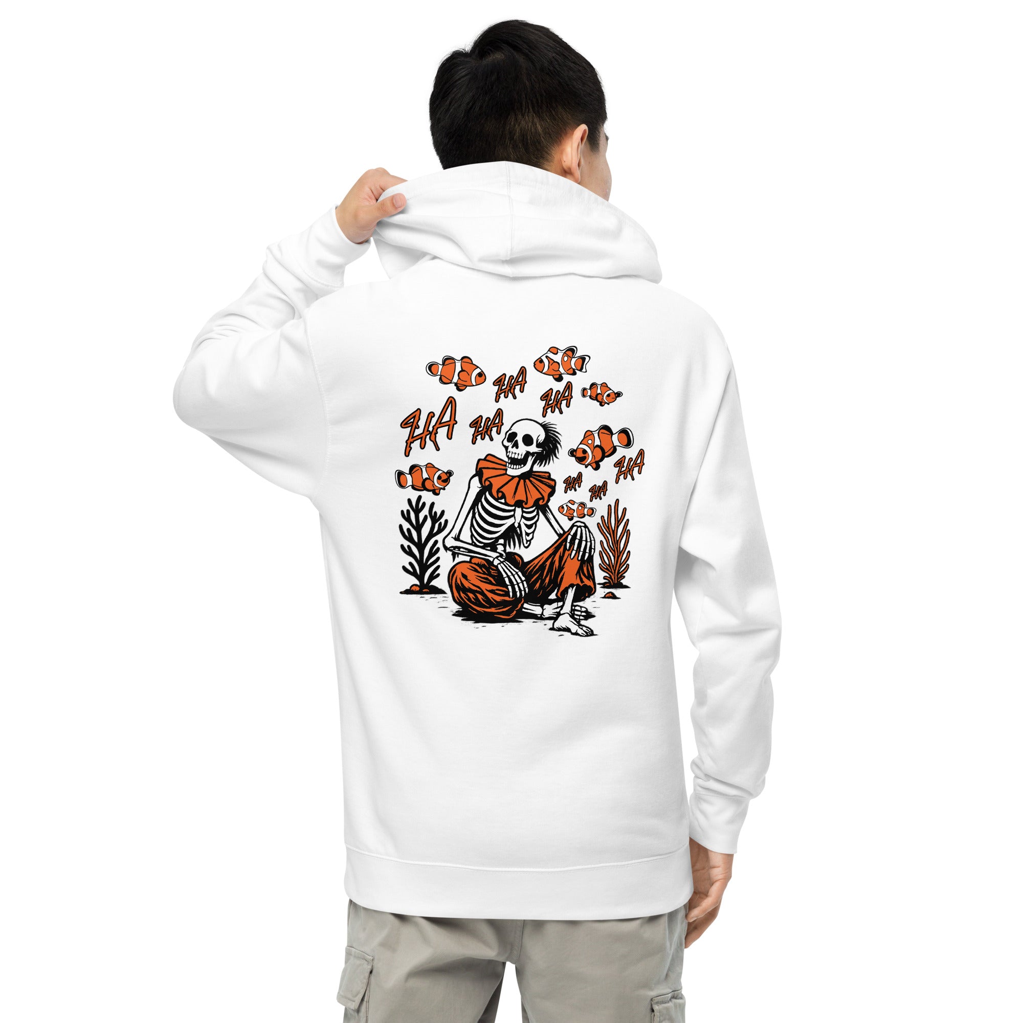 "I Started A Joke" garment-dyed heavyweight hoodie back view in white on model featuring skeleton clown surrounded by clownfish with "HA HA" text graphic – 17th & Surf