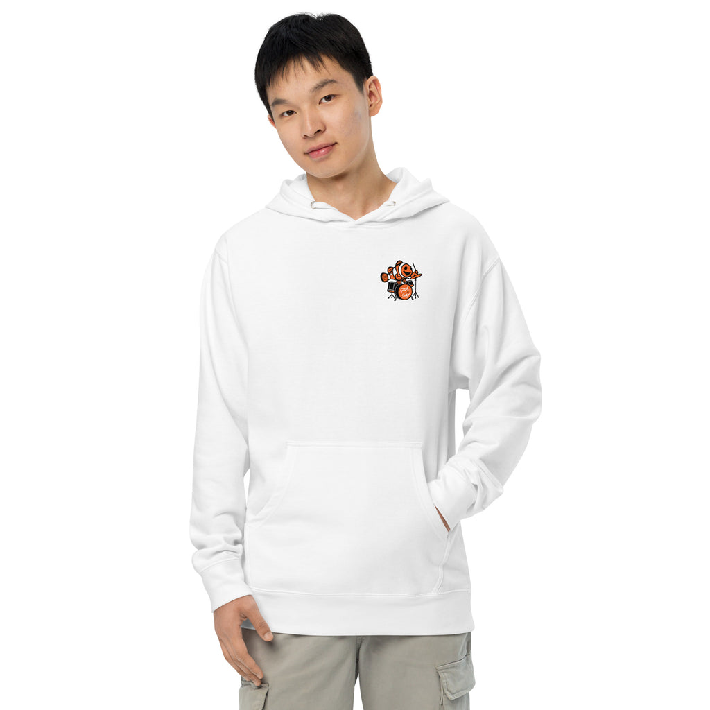 "I Started A Joke" garment-dyed heavyweight hoodie left front angle in white showing small clownfish-playing-drums chest logo – 17th & Surf