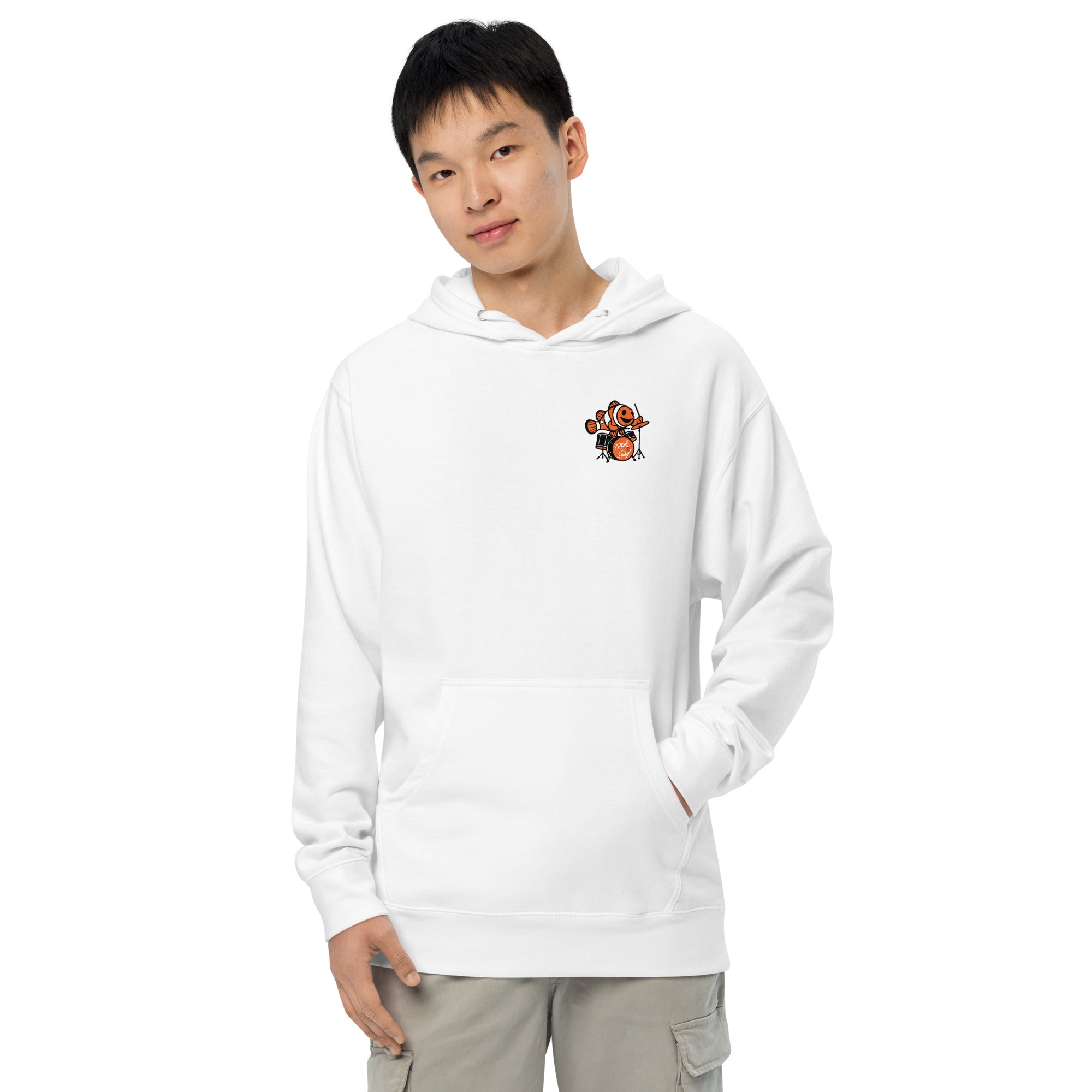 "I Started A Joke" garment-dyed heavyweight hoodie left front angle in white showing small clownfish-playing-drums chest logo – 17th & Surf