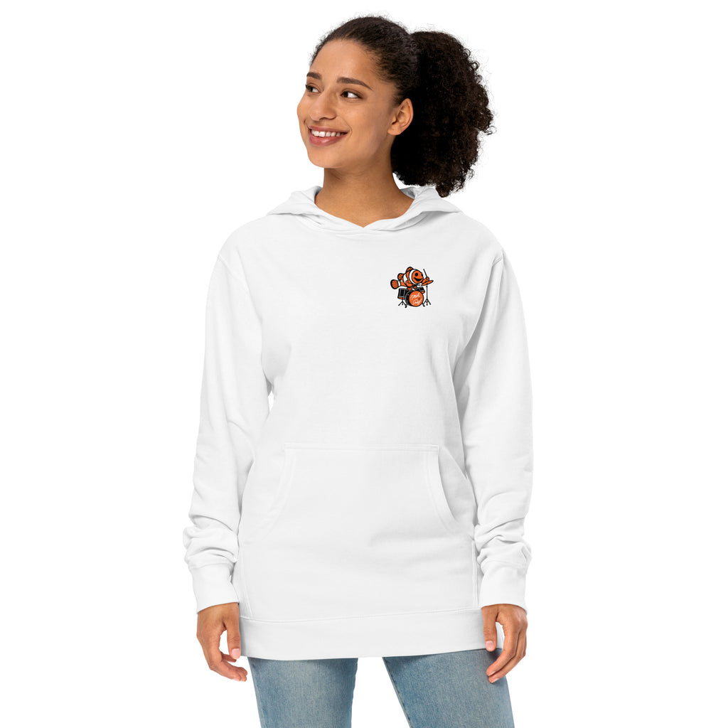 "I Started A Joke" garment-dyed heavyweight hoodie front view in white on model showing small clownfish-playing-drums chest logo – 17th & Surf