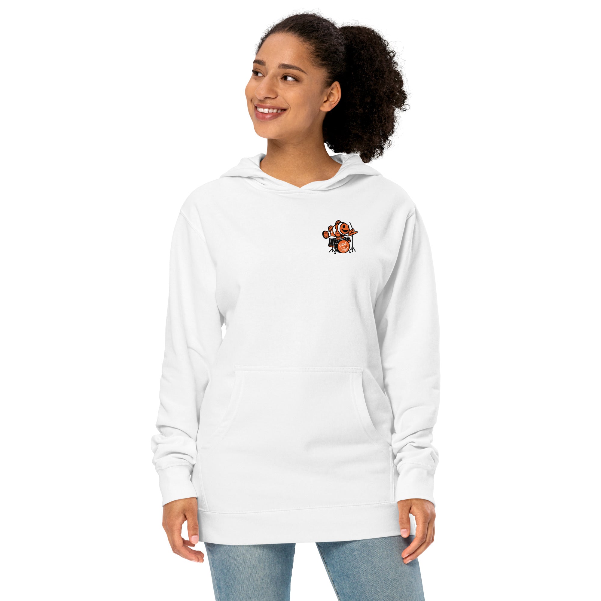 "I Started A Joke" garment-dyed heavyweight hoodie front view in white on model showing small clownfish-playing-drums chest logo – 17th & Surf