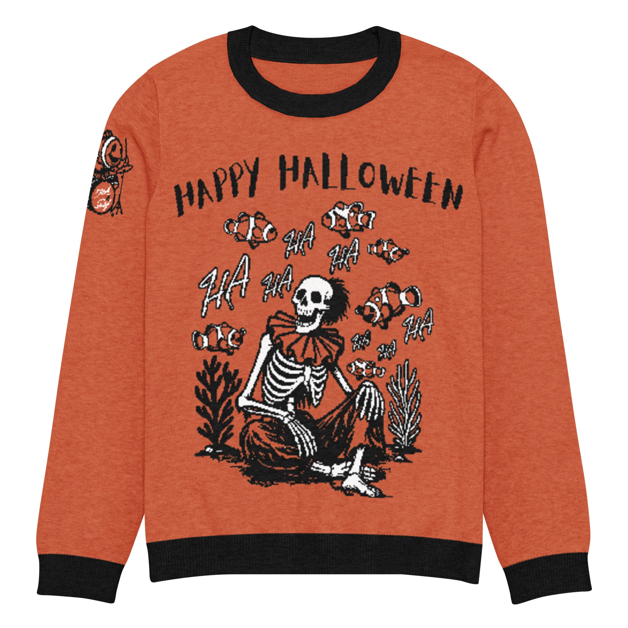 "I Started A Joke" knitted Halloween sweater front view featuring "Happy Halloween" text above skeleton clown surrounded by laughing clownfish with "HA HA" text graphic and small clownfish-playing-drums sleeve logo – 17th & Surf