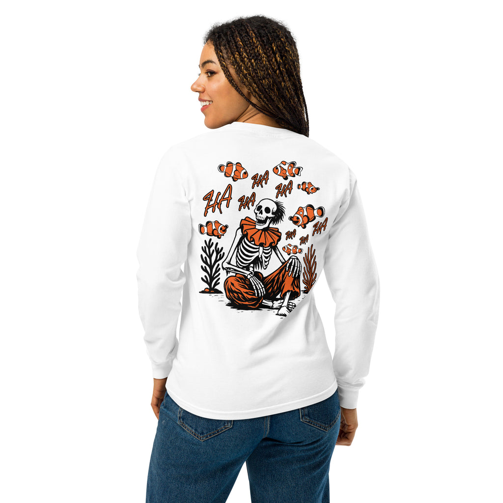 "I Started A Joke" garment-dyed heavyweight long sleeve back third view in white showing skeleton clown surrounded by clownfish with "HA HA" text graphic – 17th & Surf