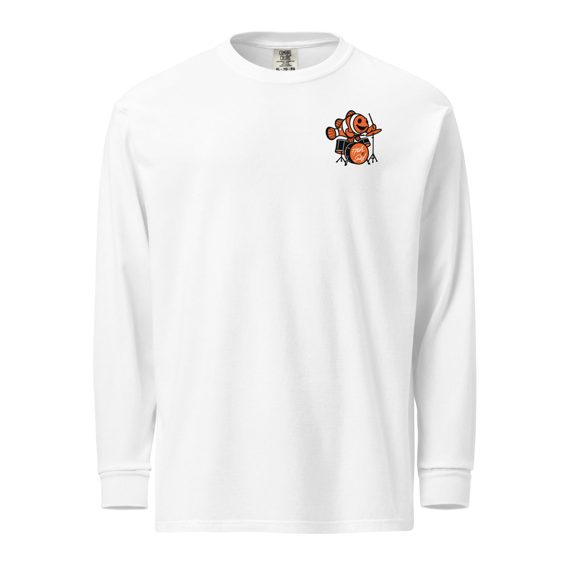 "I Started A Joke" garment-dyed heavyweight long sleeve front second view in white showing small clownfish-playing-drums chest logo – 17th & Surf