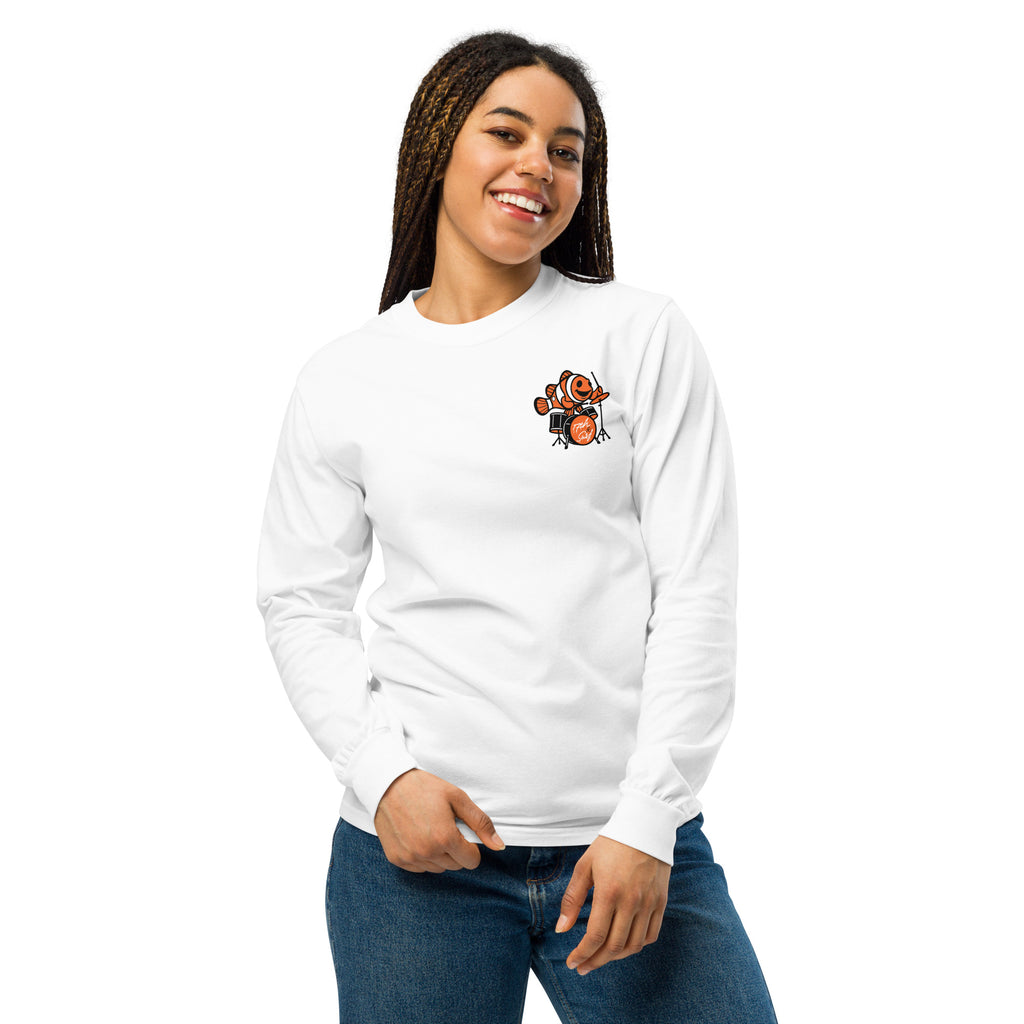 "I Started A Joke" garment-dyed heavyweight long sleeve front view in white showing small clownfish-playing-drums chest logo – 17th & Surf