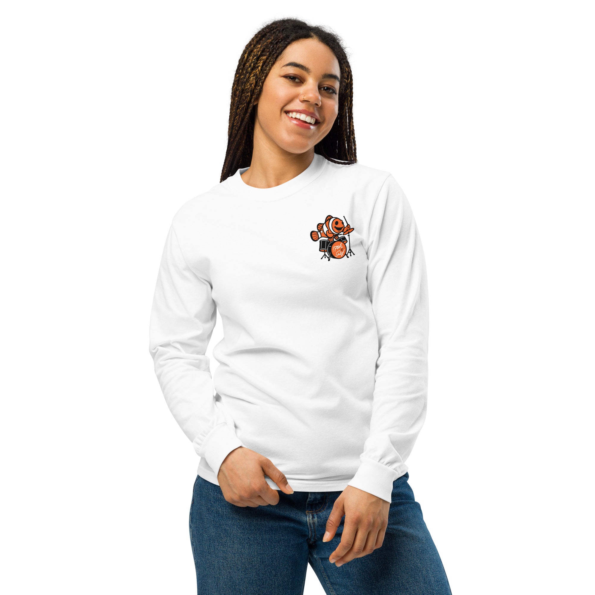 "I Started A Joke" garment-dyed heavyweight long sleeve front view in white showing small clownfish-playing-drums chest logo – 17th & Surf