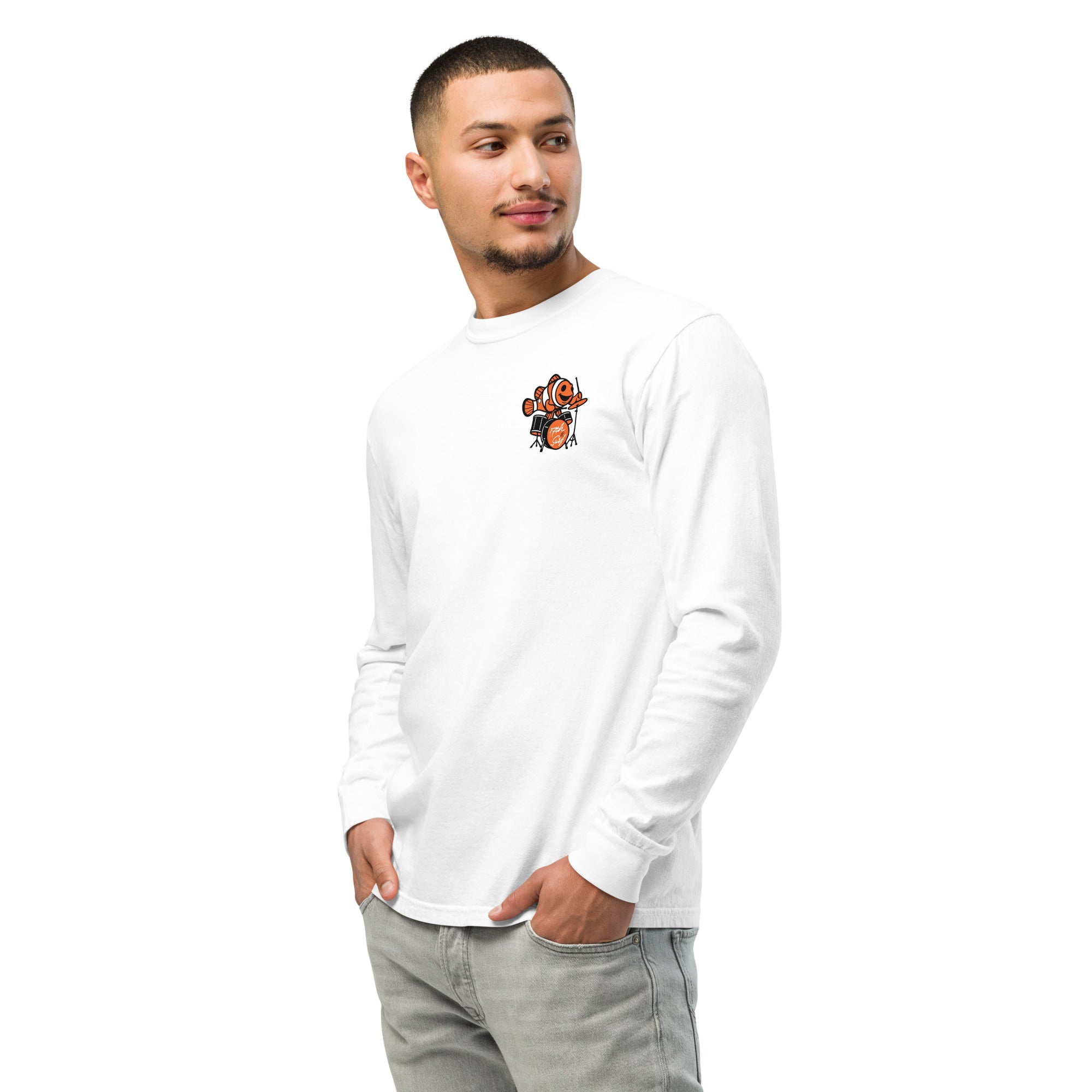"I Started A Joke" garment-dyed heavyweight long sleeve left front angle in white showing small clownfish-playing-drums chest logo – 17th & Surf